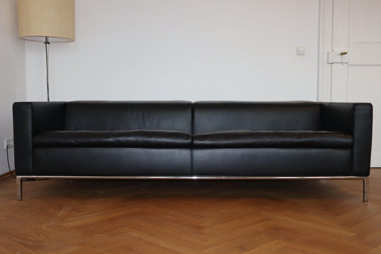 MidCentury Modern Italian Black Leather Sofa, Chrome Legs at 1stDibs