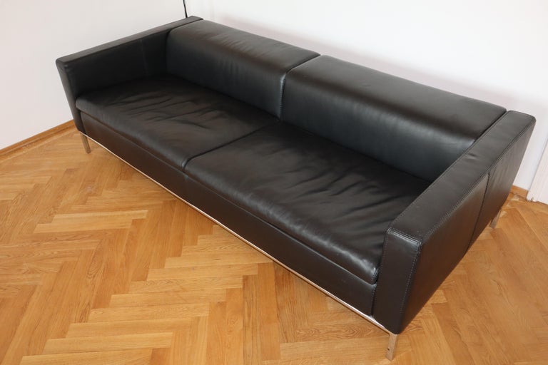 MidCentury Modern Italian Black Leather Sofa, Chrome Legs at 1stDibs