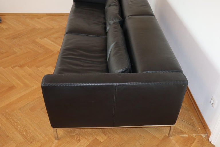 MidCentury Modern Italian Black Leather Sofa, Chrome Legs at 1stDibs