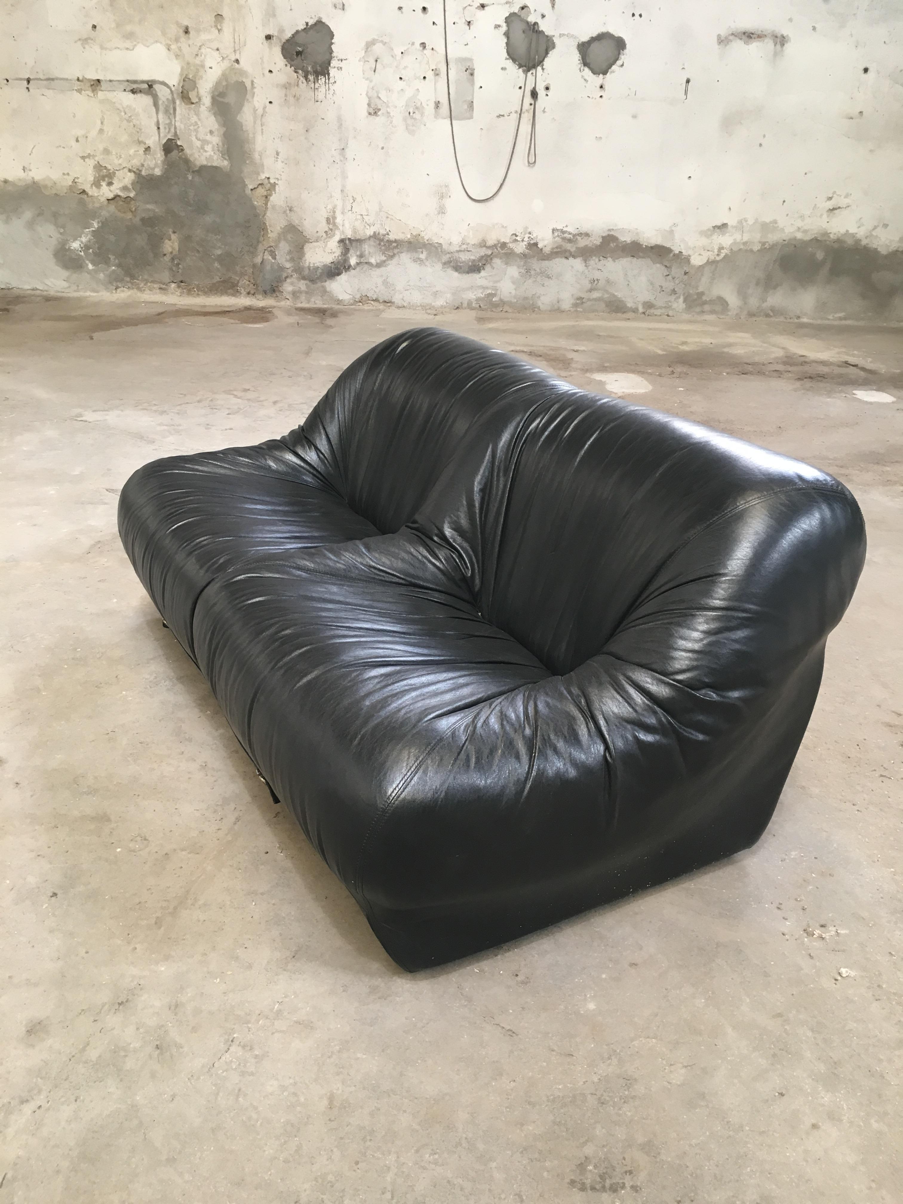 Chrome Mid-Century Modern Italian Black Leather Sofa with Metal Buckle, 1970s 