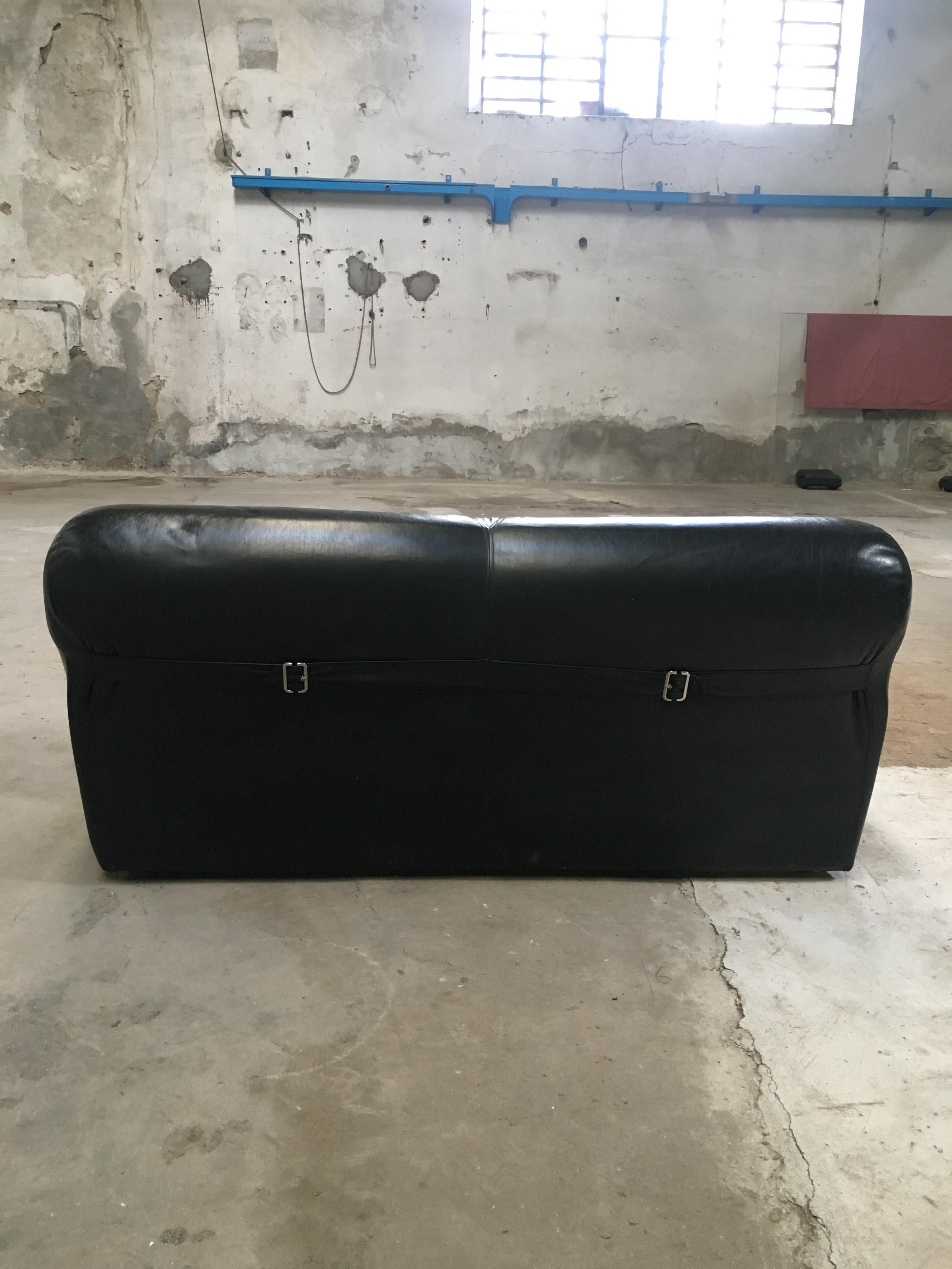 Mid-Century Modern Italian Black Leather Sofa with Metal Buckle, 1970s  1