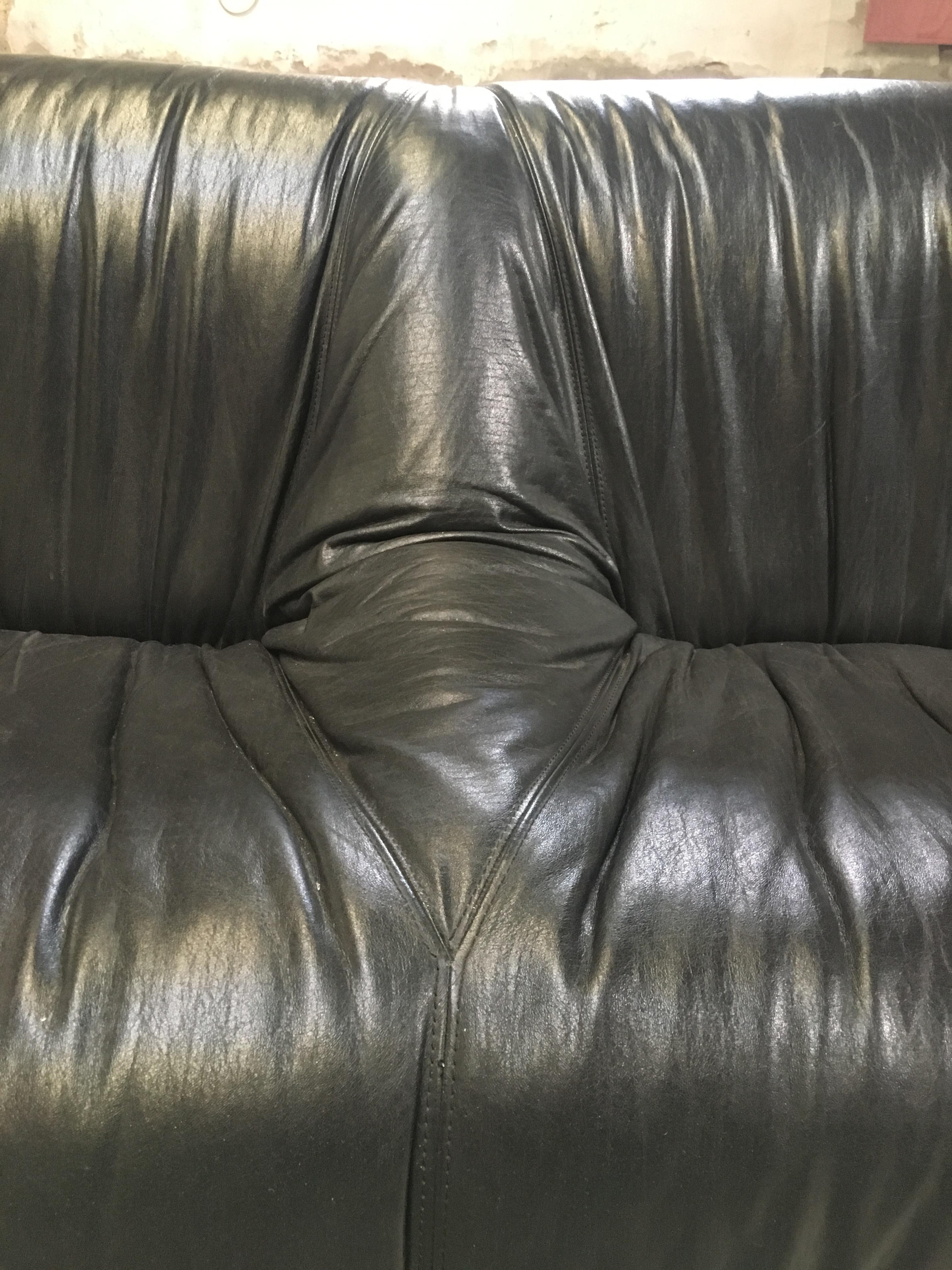 Mid-Century Modern Italian Black Leather Sofa with Metal Buckle, 1970s  3