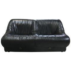 Mid-Century Modern Italian Black Leather Sofa with Metal Buckle, 1970s 
