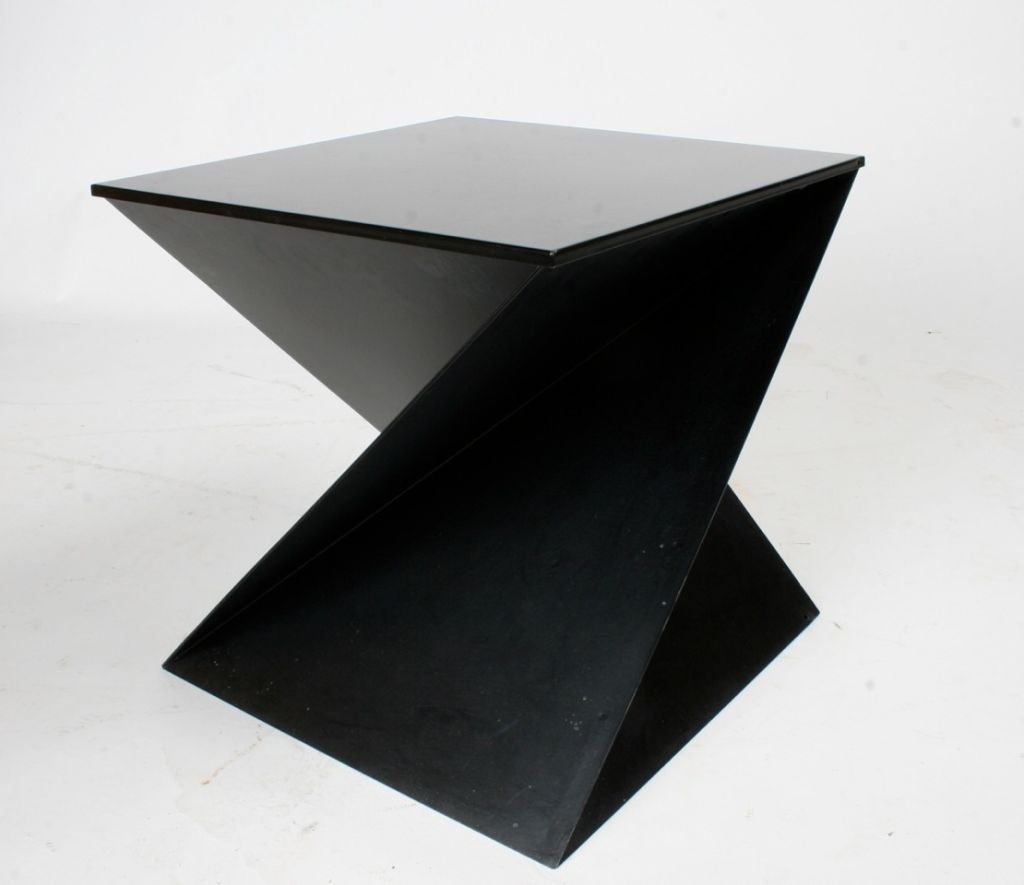 Mid-Century Modern sculptural metal cubist side table with removable top, made in Italy. Currently being repainted black. Pair available.