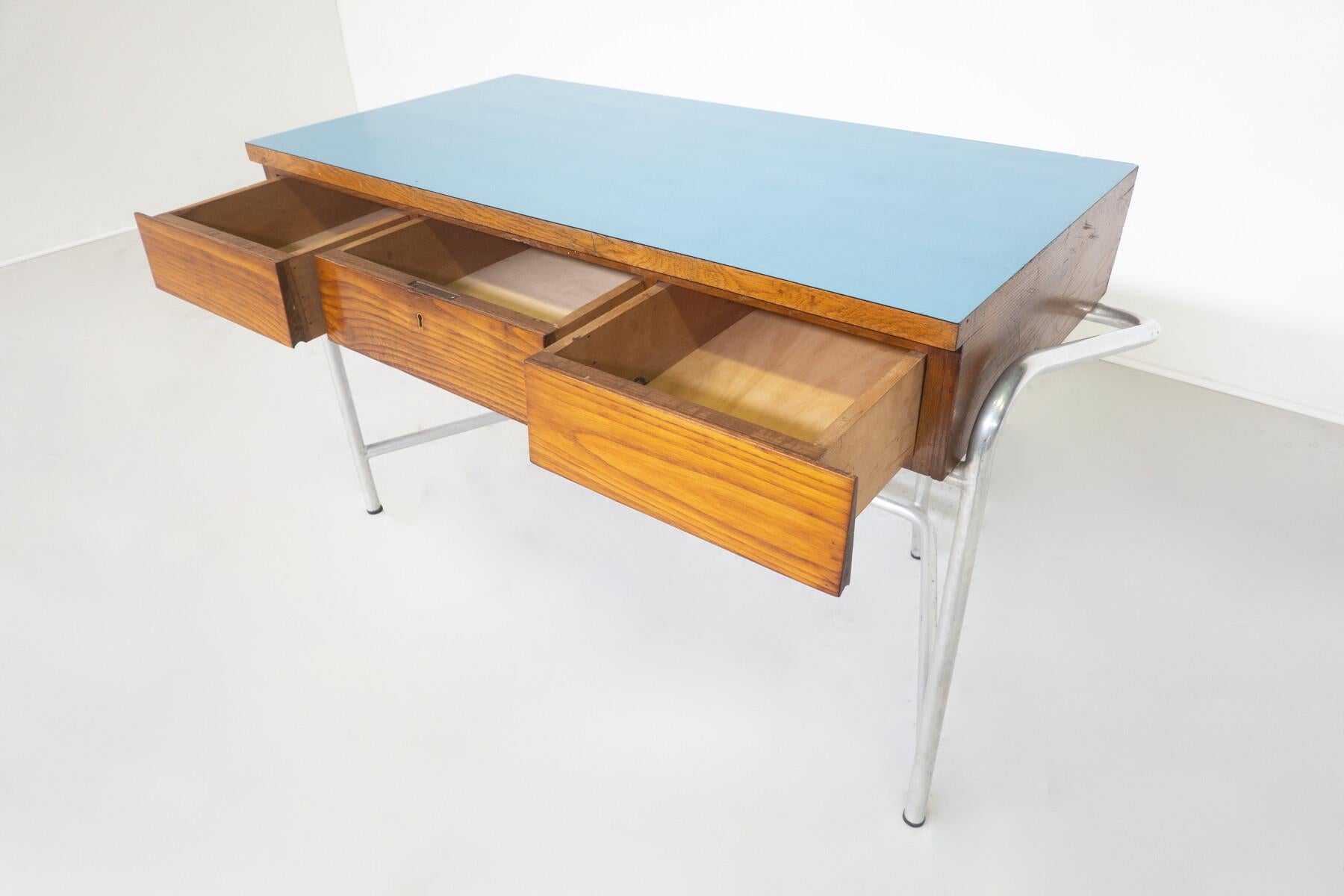 Mid-20th Century Mid-Century Modern Italian Blue Desk, Drawers, 1940s For Sale