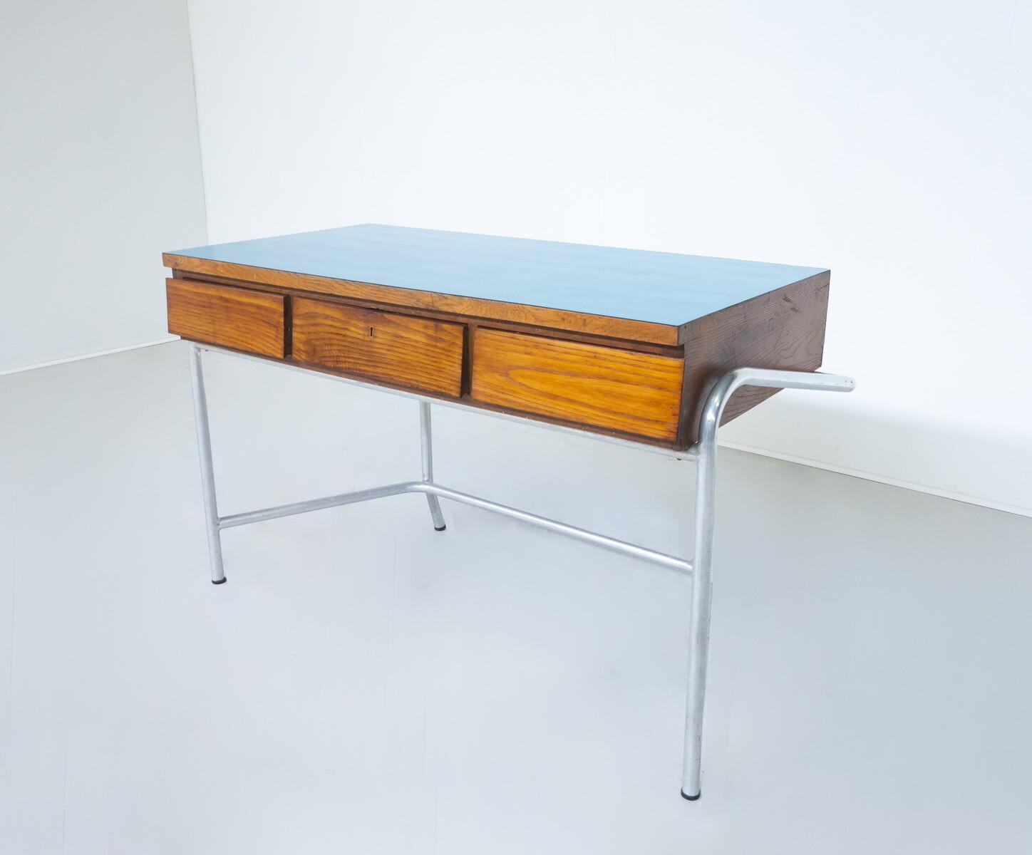 Wood Mid-Century Modern Italian Blue Desk, Drawers, 1940s For Sale