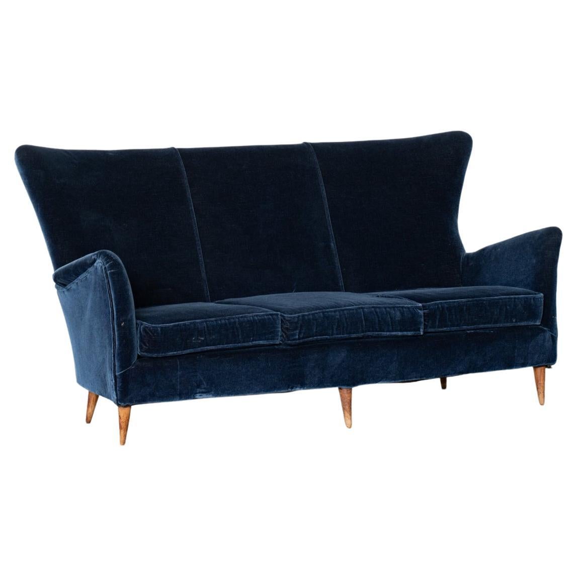 Mid-Century Modern Italian Blue Velvet Sofa, 1950s For Sale