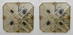 Plafonniers italiens du milieu du siècle en laiton et verre dépoli, 1970