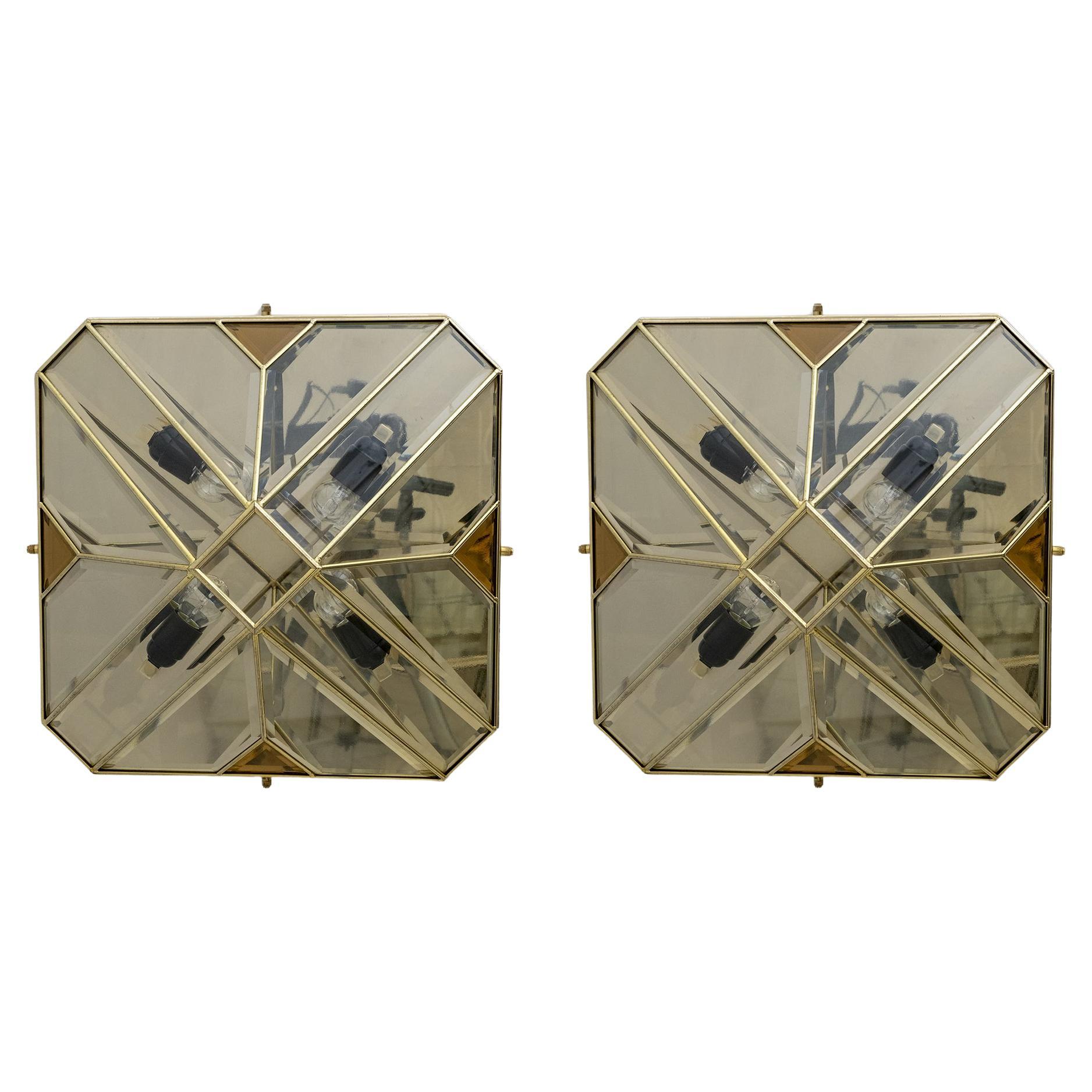Mid-Century Modern Italian Brass and Frosted Glass Ceiling Lights, '70 For Sale