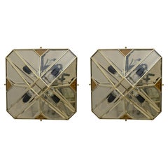 Mid-Century Modern Italian Brass and Frosted Glass Ceiling Lights, '70