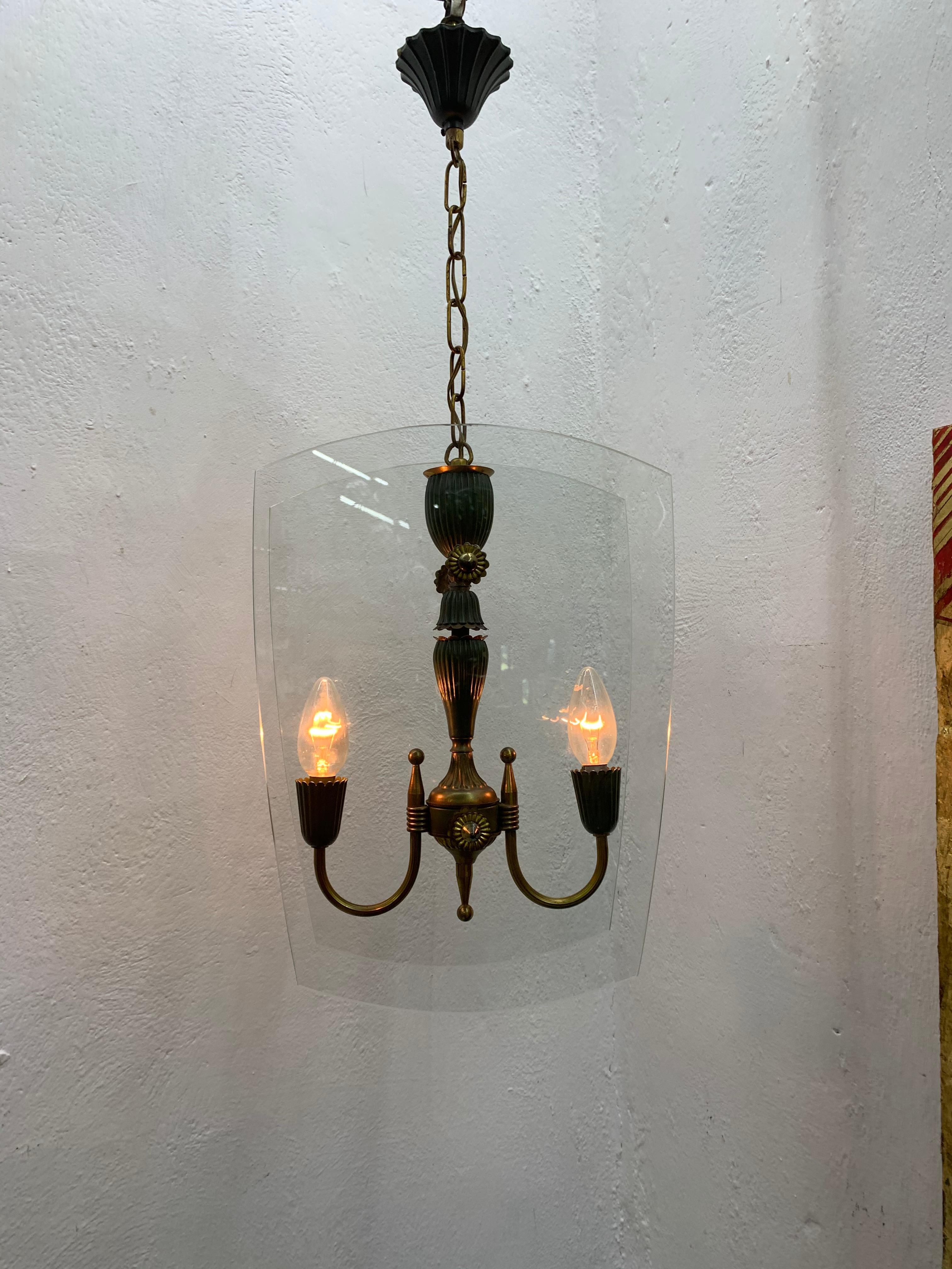 Mid-Century Modern Italian Brass and Glass Lantern Attributed to Lumi circa 1940 For Sale 5