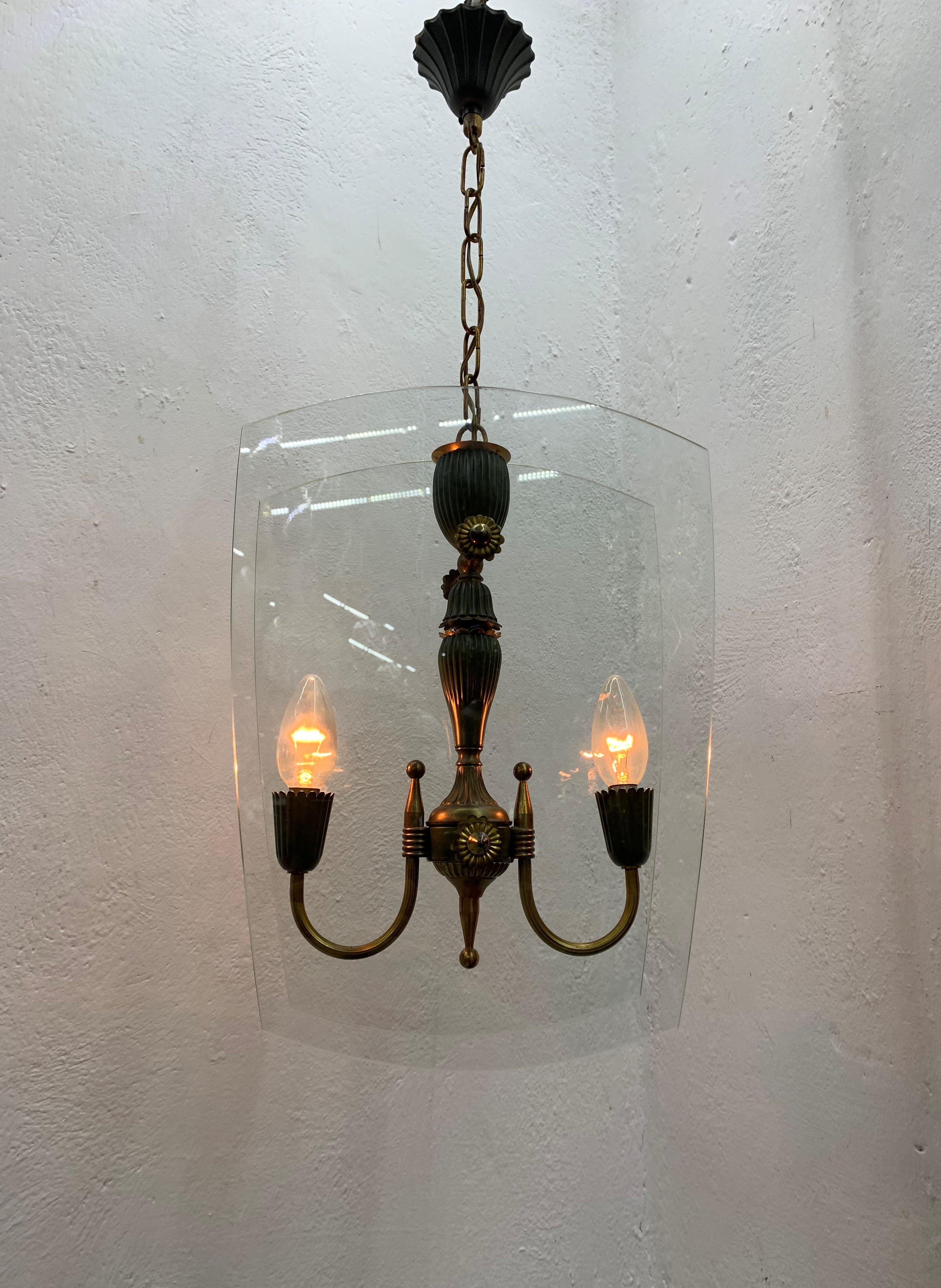Mid-Century Modern Italian Brass and Glass Lantern Attributed to Lumi circa 1940 For Sale 6