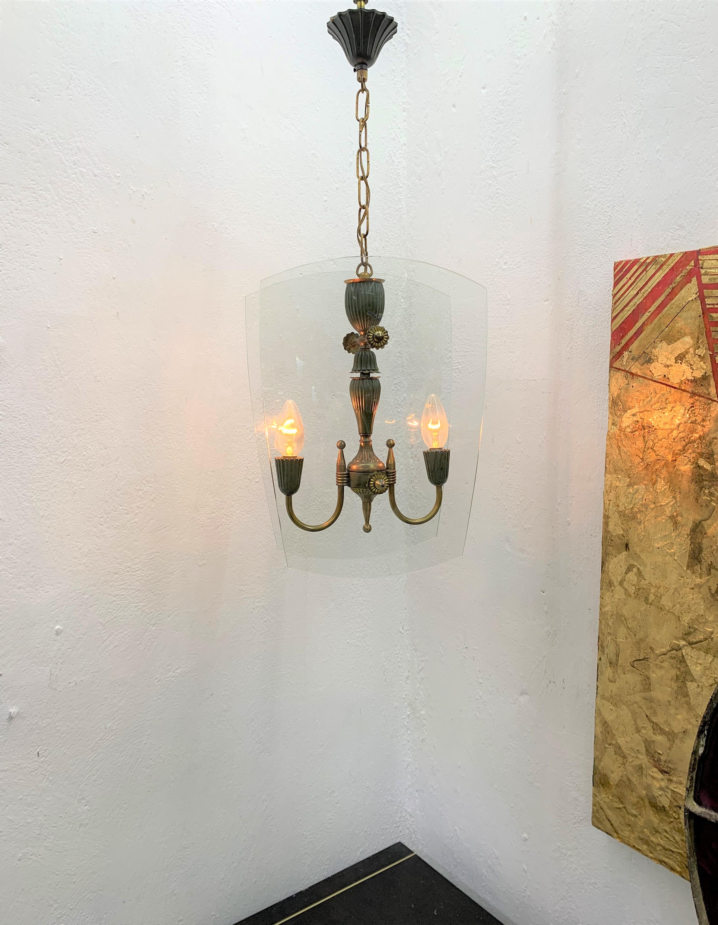 Mid-Century Modern Italian Brass and Glass Lantern Attributed to Lumi circa 1940 For Sale 9