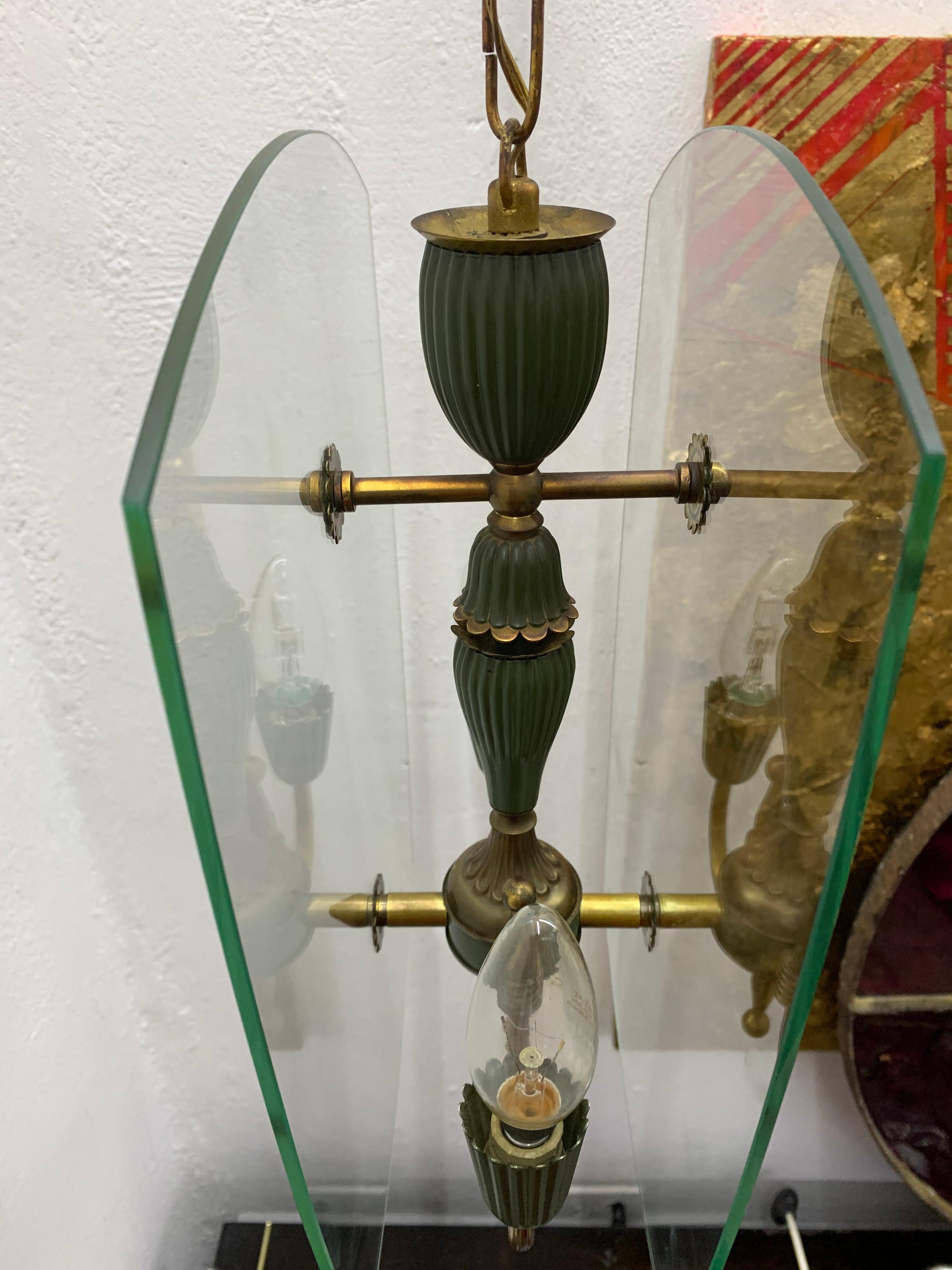 Mid-20th Century Mid-Century Modern Italian Brass and Glass Lantern Attributed to Lumi circa 1940 For Sale