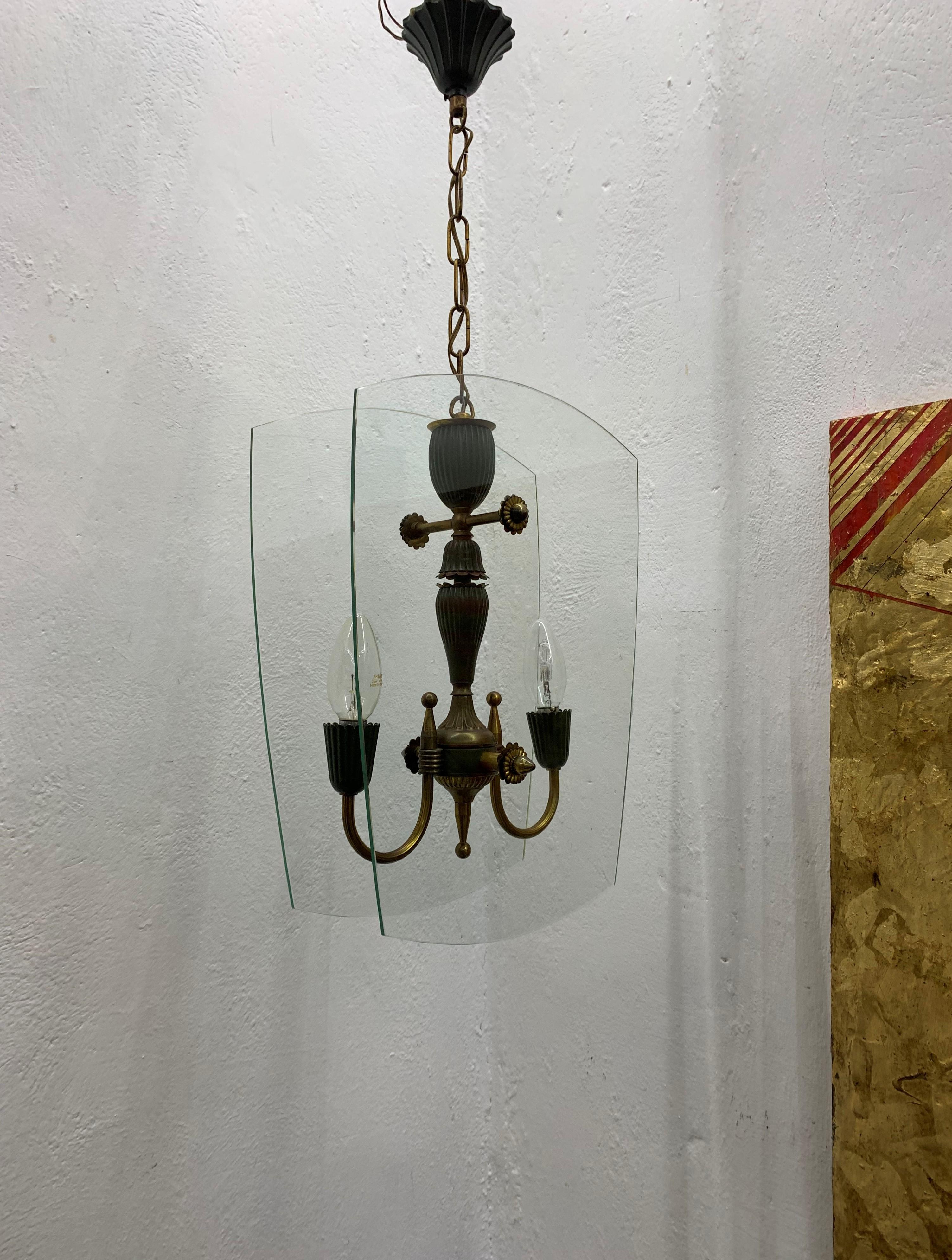 Mid-Century Modern Italian Brass and Glass Lantern Attributed to Lumi circa 1940 For Sale 1