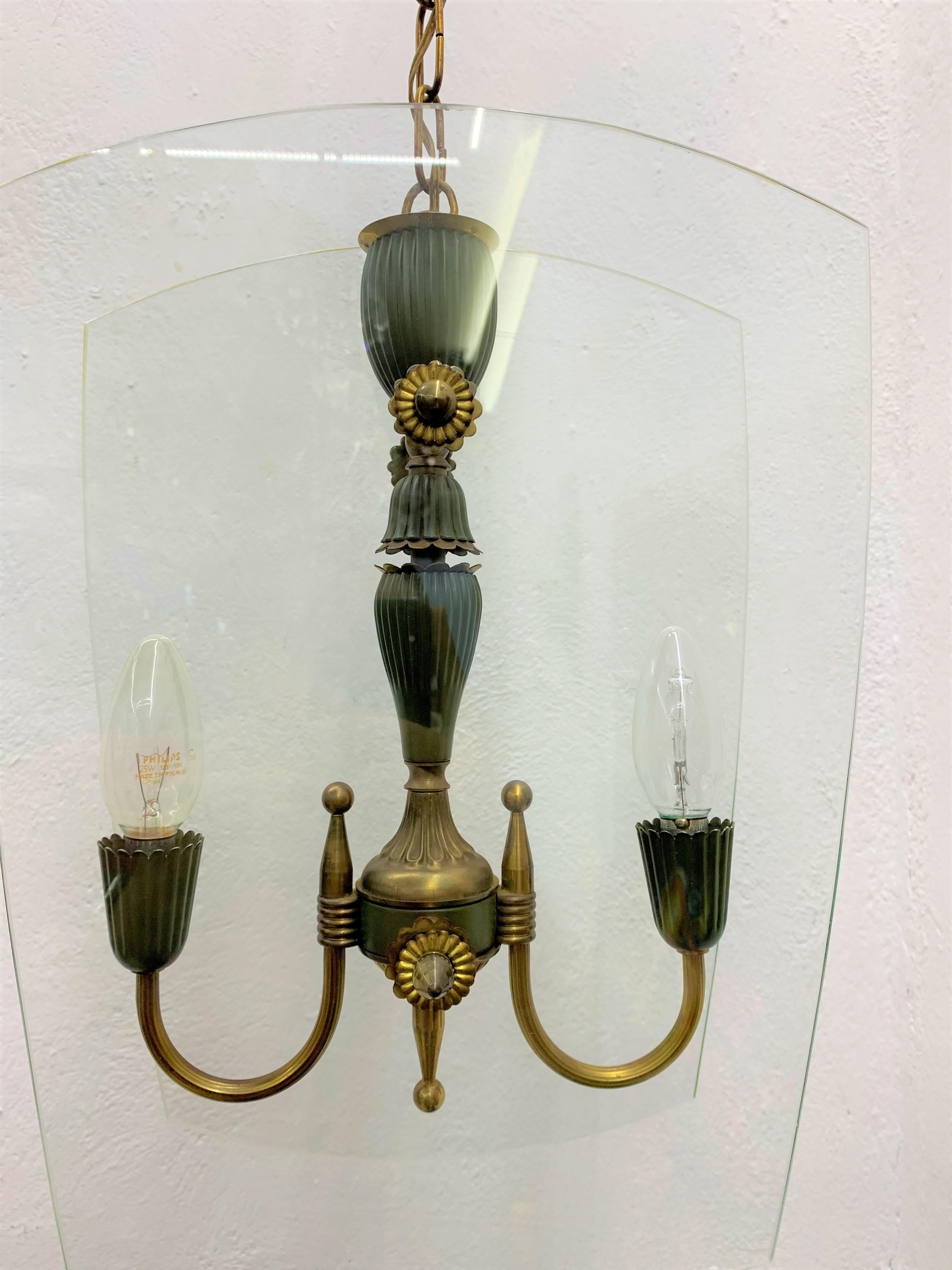 Mid-Century Modern Italian Brass and Glass Lantern Attributed to Lumi circa 1940 For Sale 2