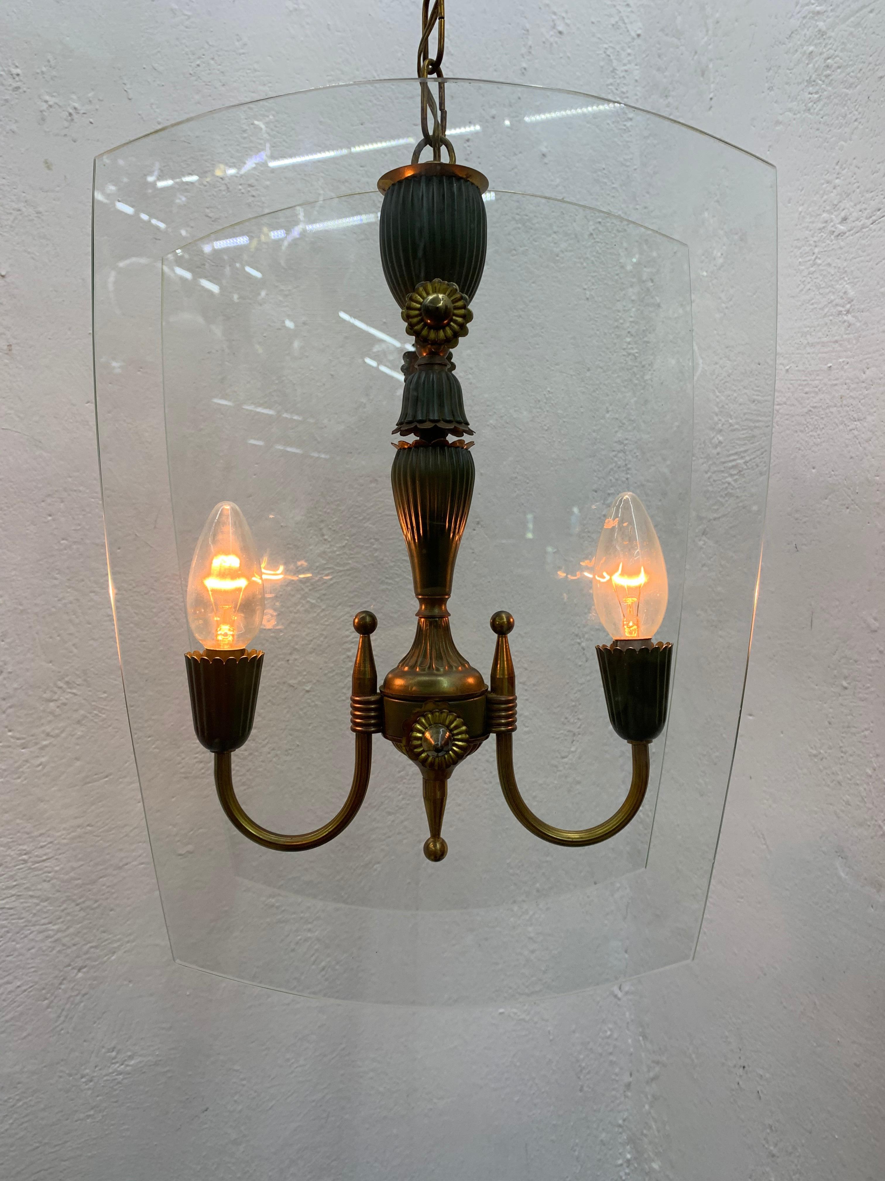 Mid-Century Modern Italian Brass and Glass Lantern Attributed to Lumi circa 1940 For Sale 4