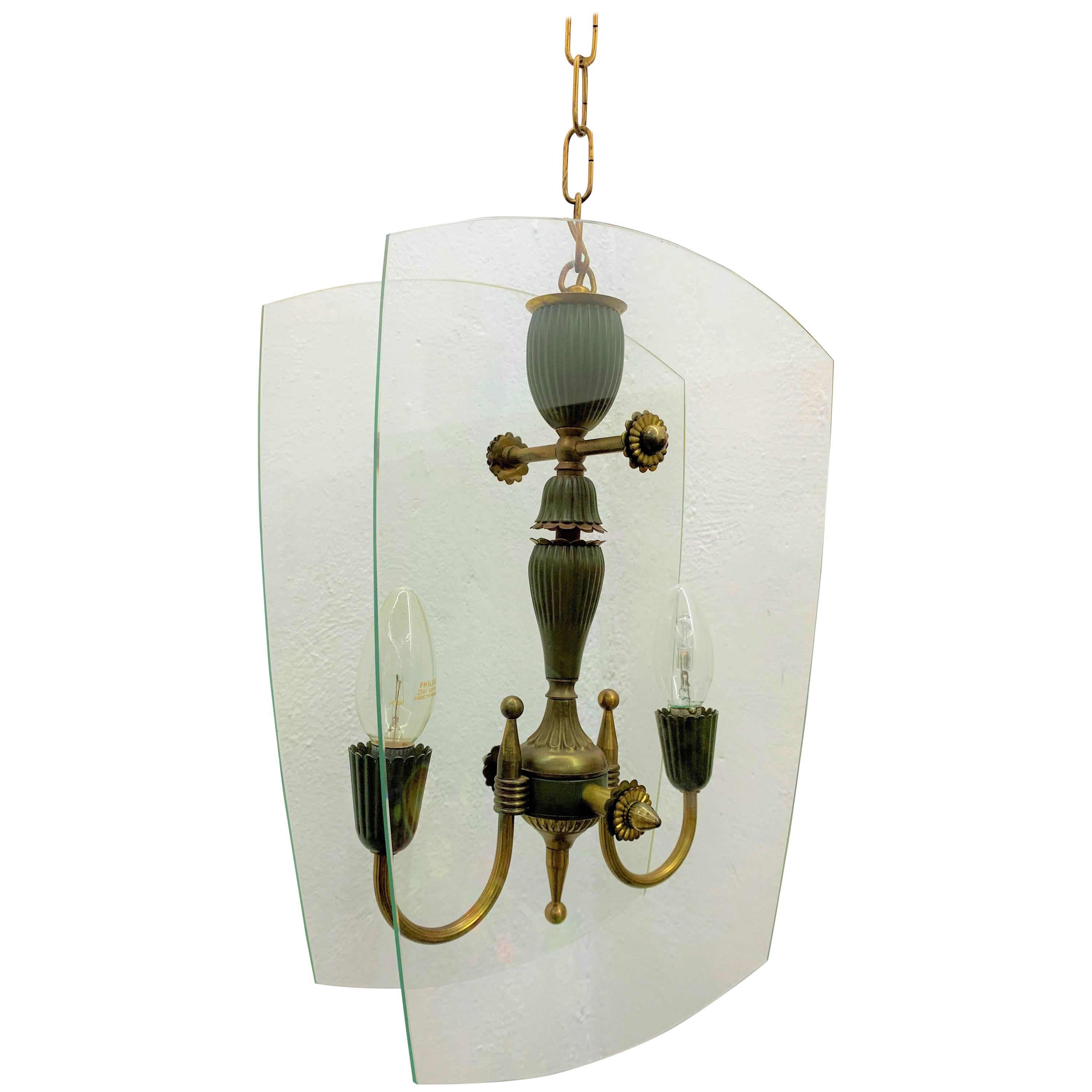 Mid-Century Modern Italian Brass and Glass Lantern Attributed to Lumi circa 1940