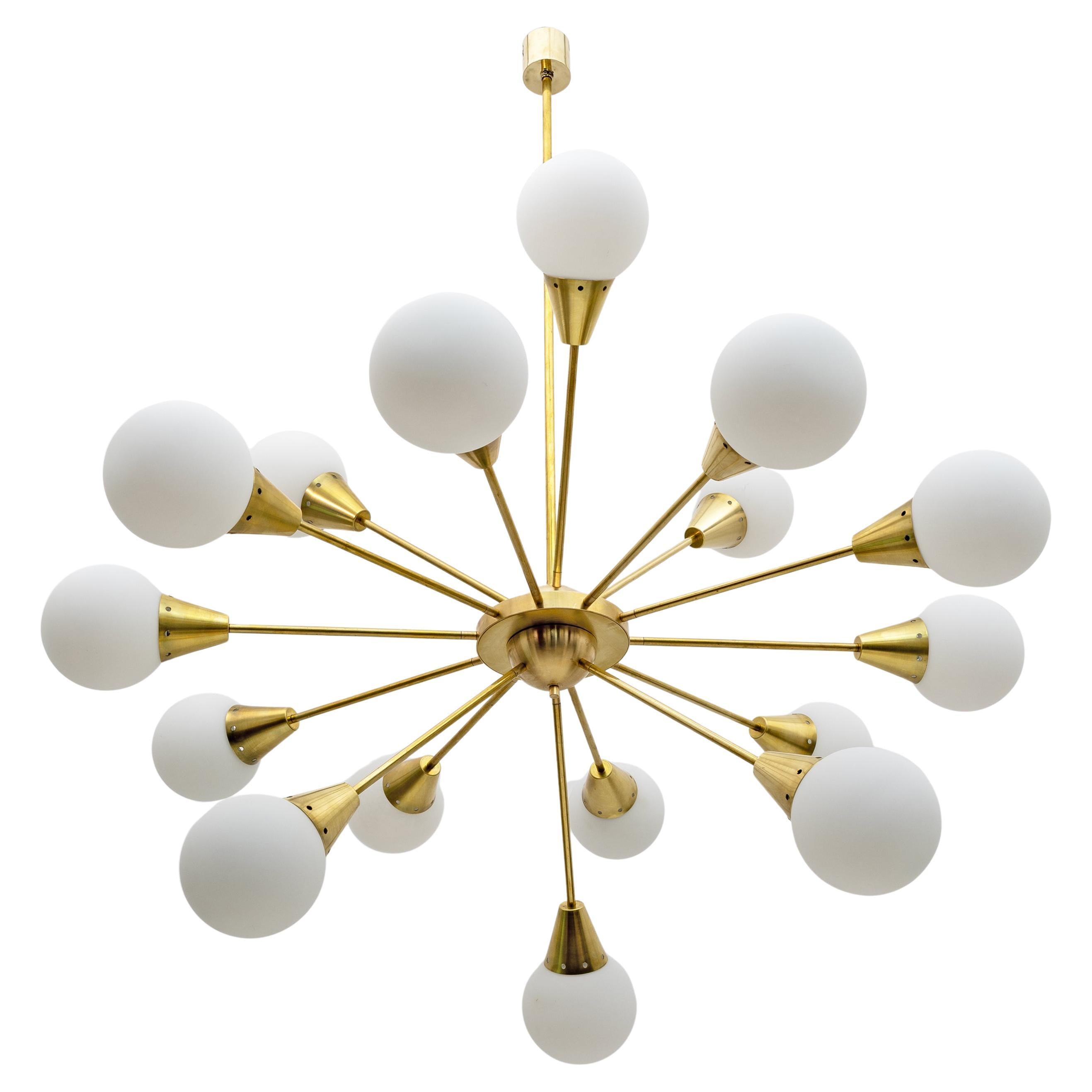 Mid-Century Modern Italian Brass and Glass Opaline Large Sputnik Chandelier, 70s