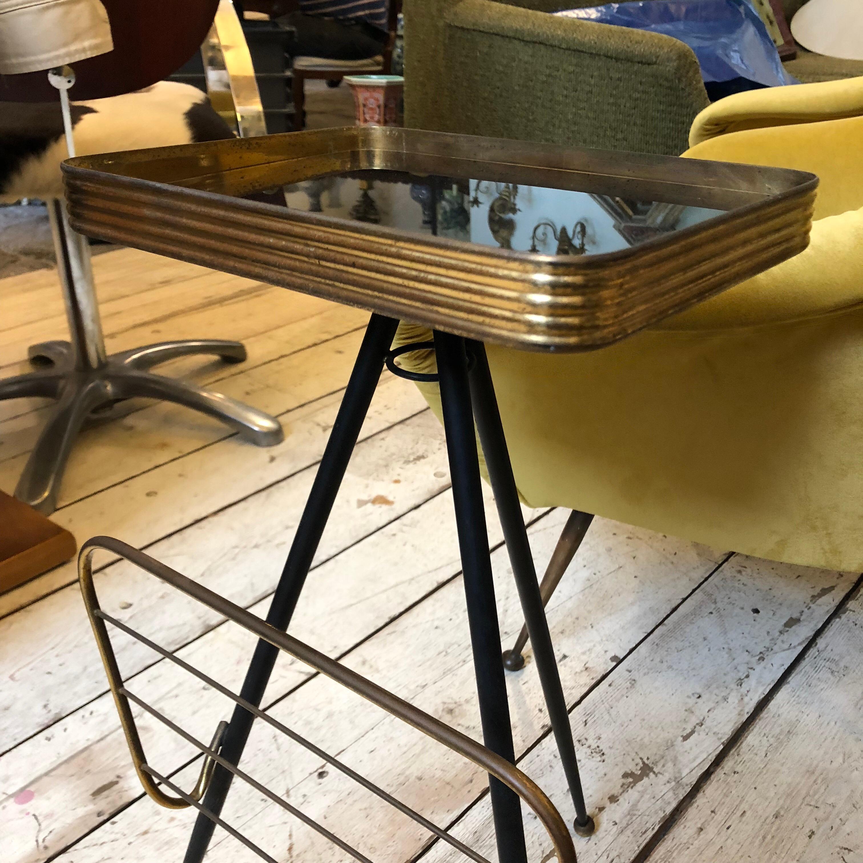Mid-Century Modern Italian Brass and Glass Side Table and Magazine Rack, 1950 2