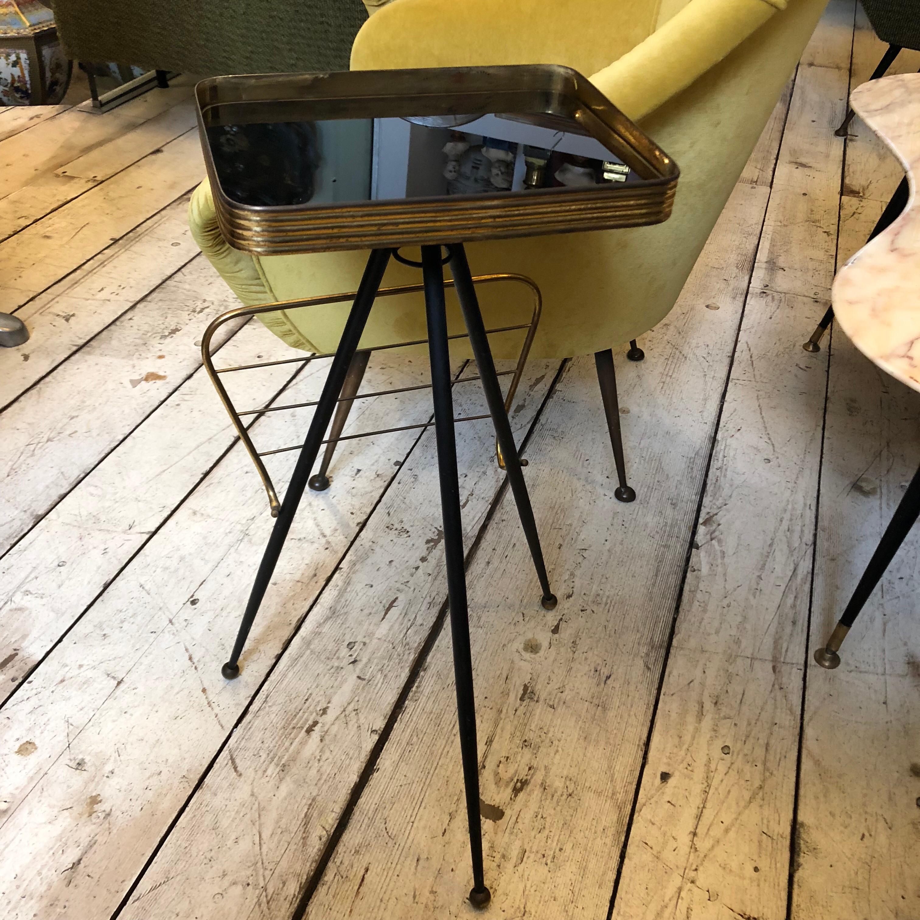 Mid-Century Modern Italian Brass and Glass Side Table and Magazine Rack, 1950 3