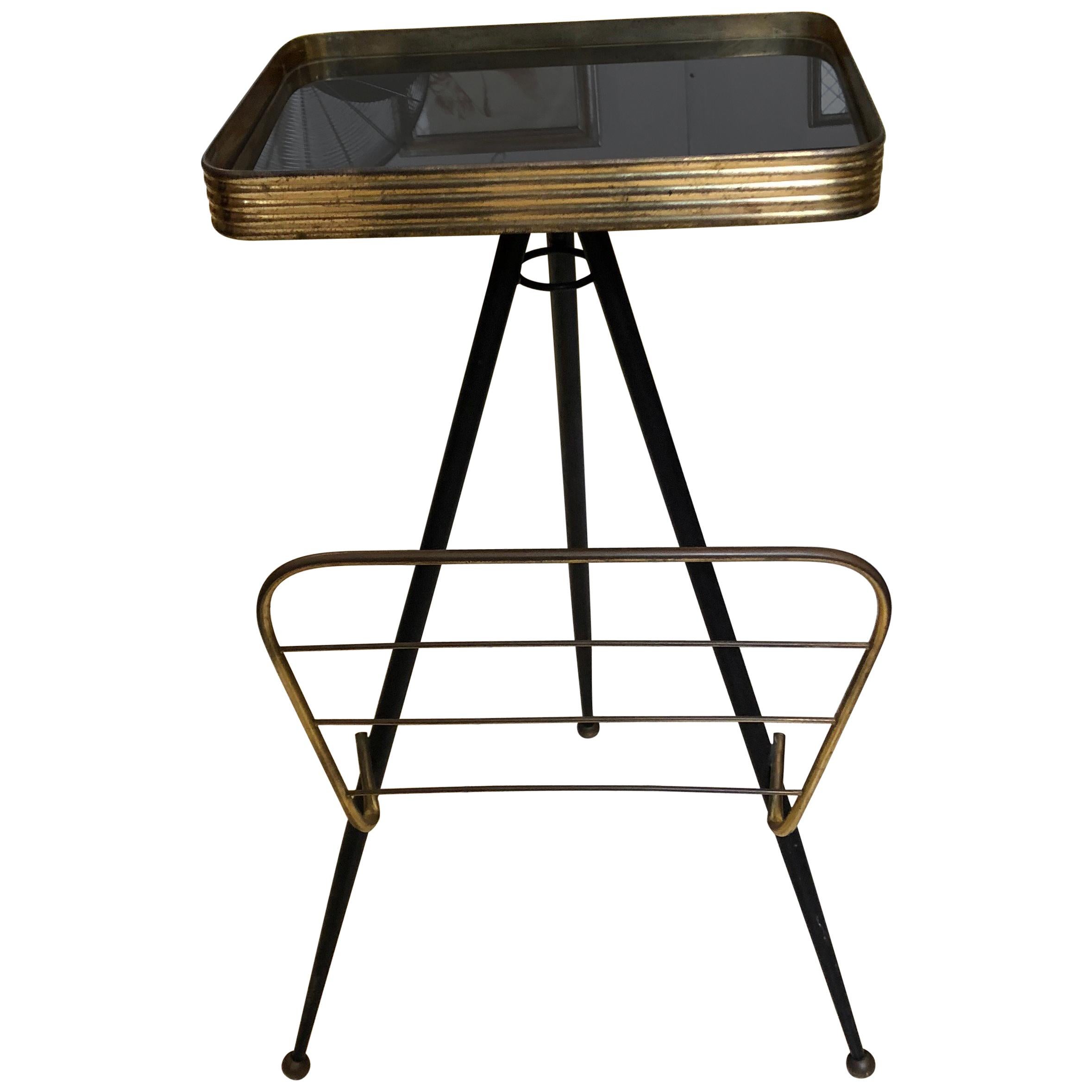 Mid-Century Modern Italian Brass and Glass Side Table and Magazine Rack, 1950