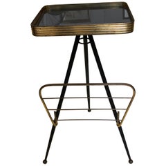 Mid-Century Modern Italian Brass and Glass Side Table and Magazine Rack, 1950