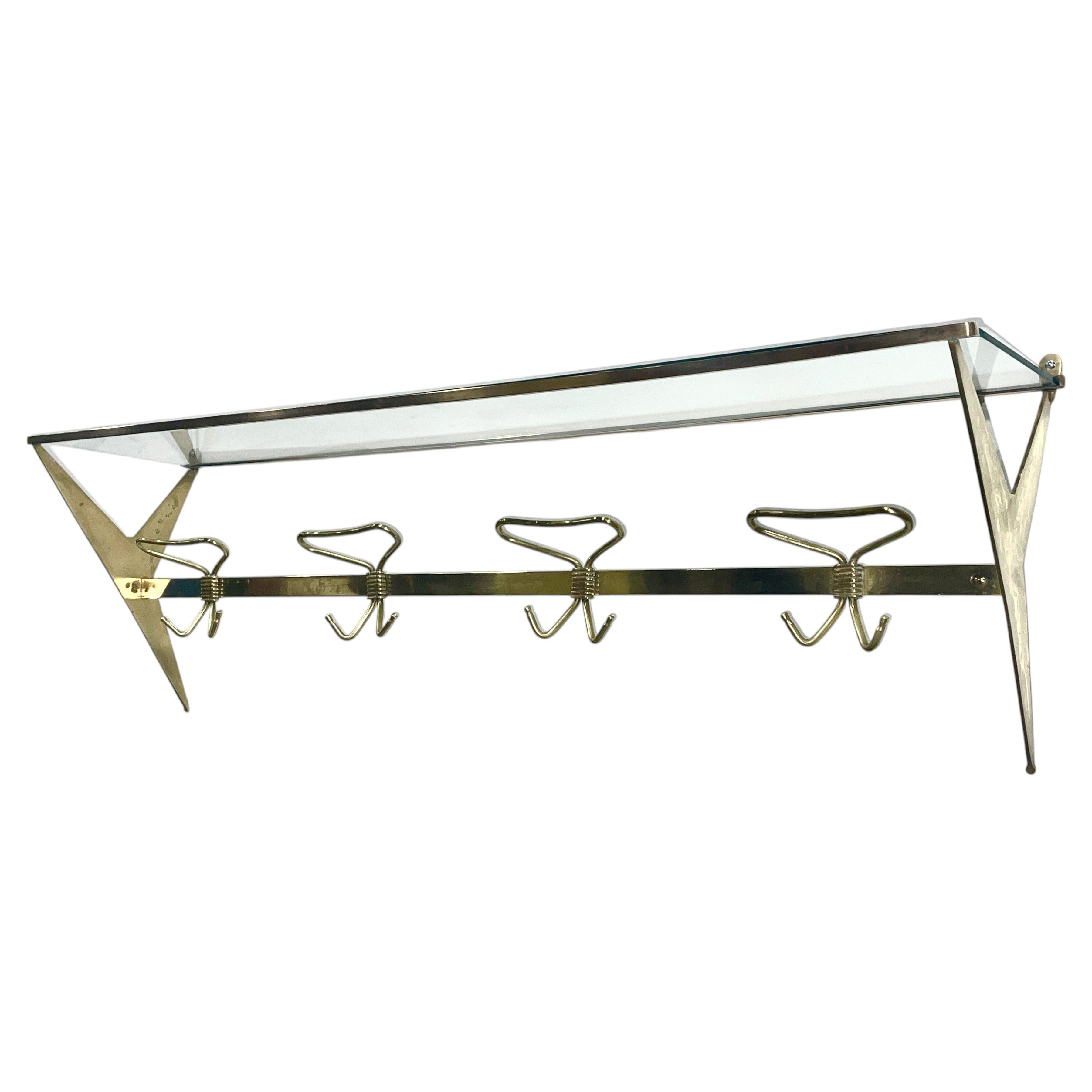 Mid-Century Modern Italian Brass and Glass Wall-Mounted Coat Rack