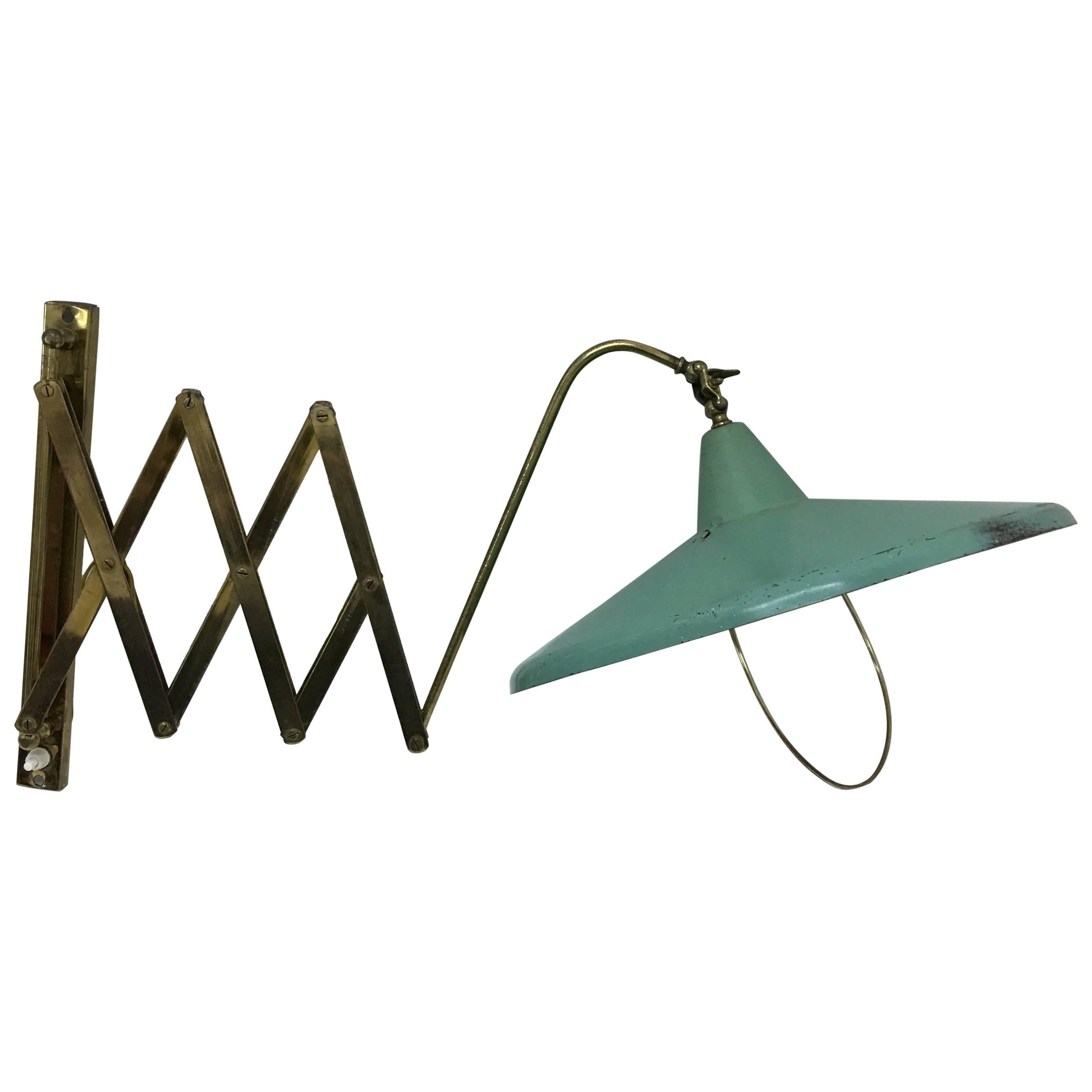 Mid-Century Modern Italian brass and green painted metal Scissor Lamp1950