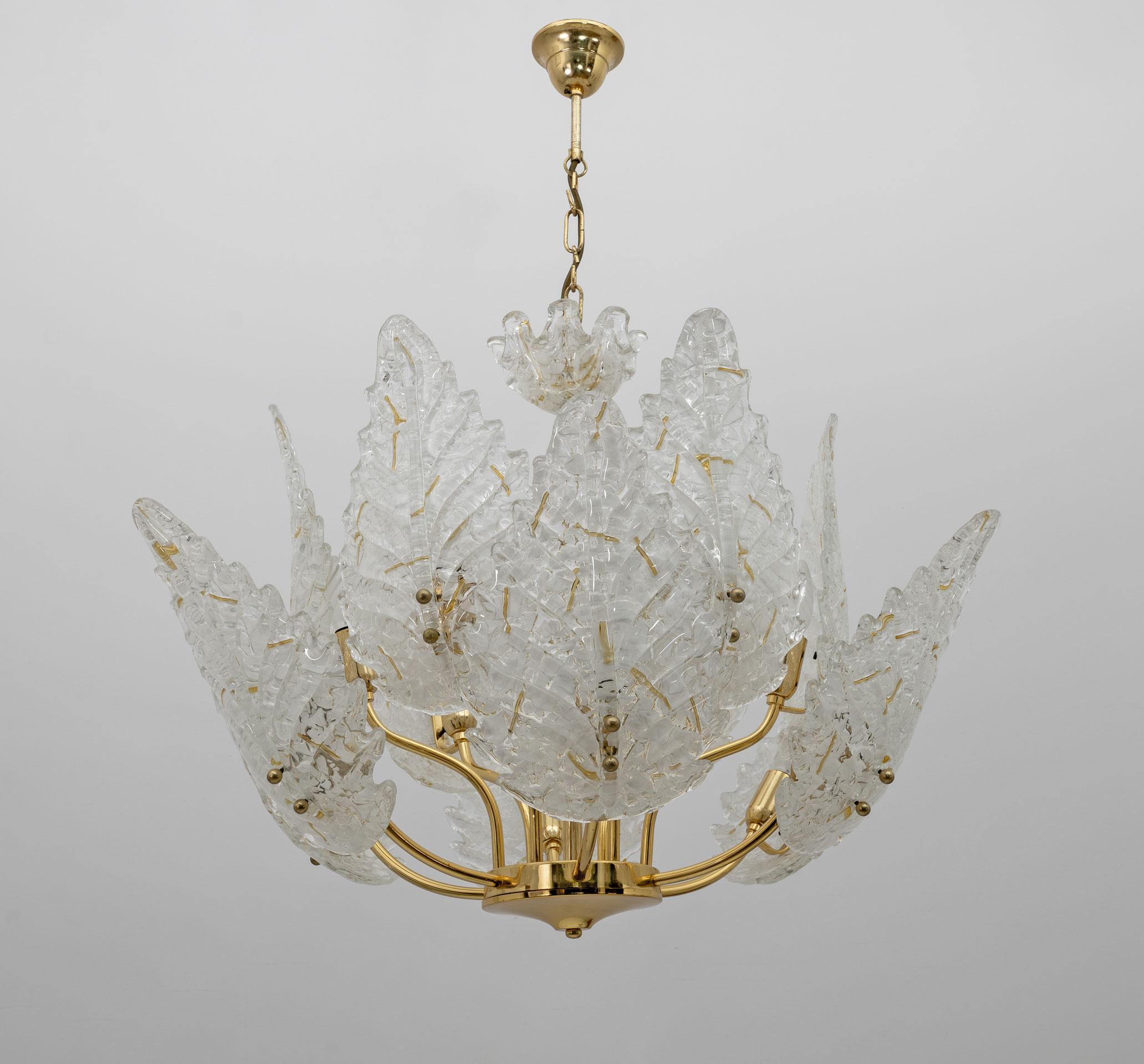 Late 20th Century Mid-Century Modern Italian Brass and Murano Glass Chandelier, 1970s For Sale