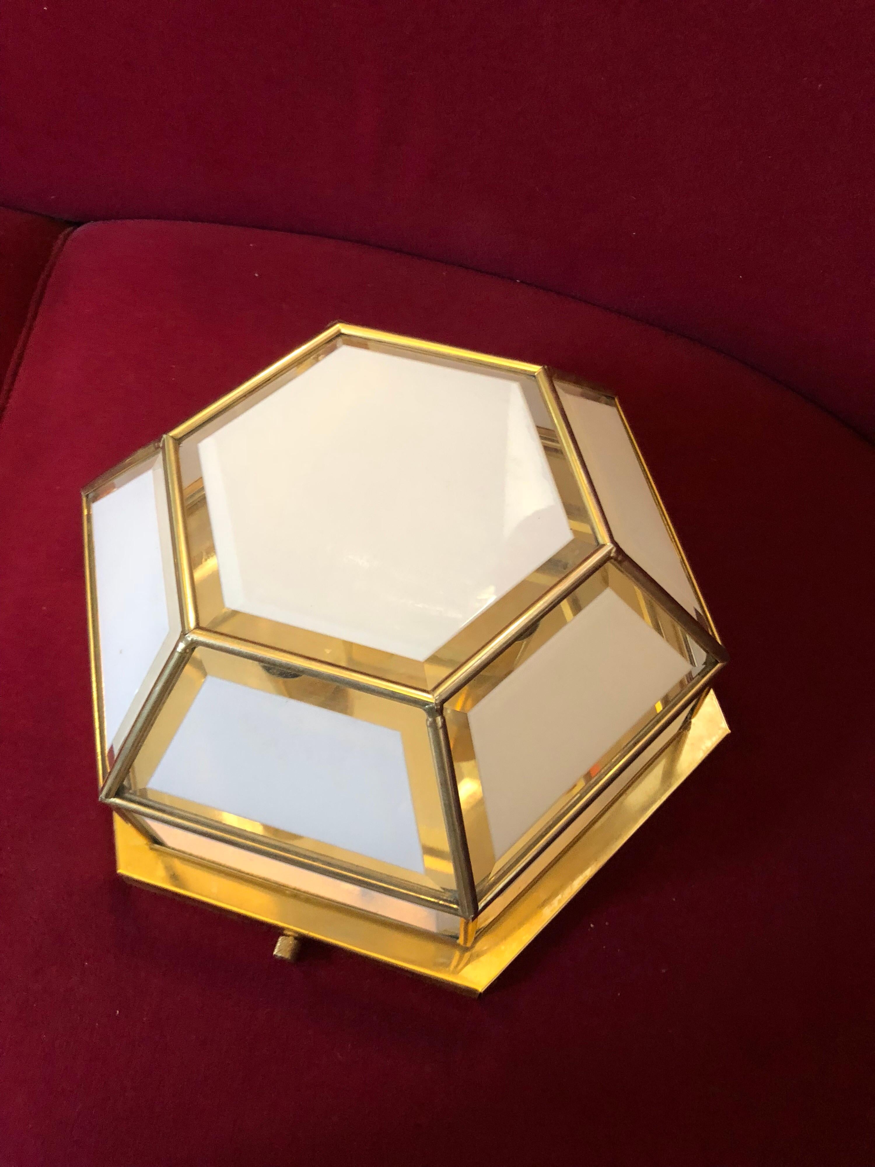 Mid-Century Modern Italian Brass and white Glass Ceiling Light, circa 1970 13