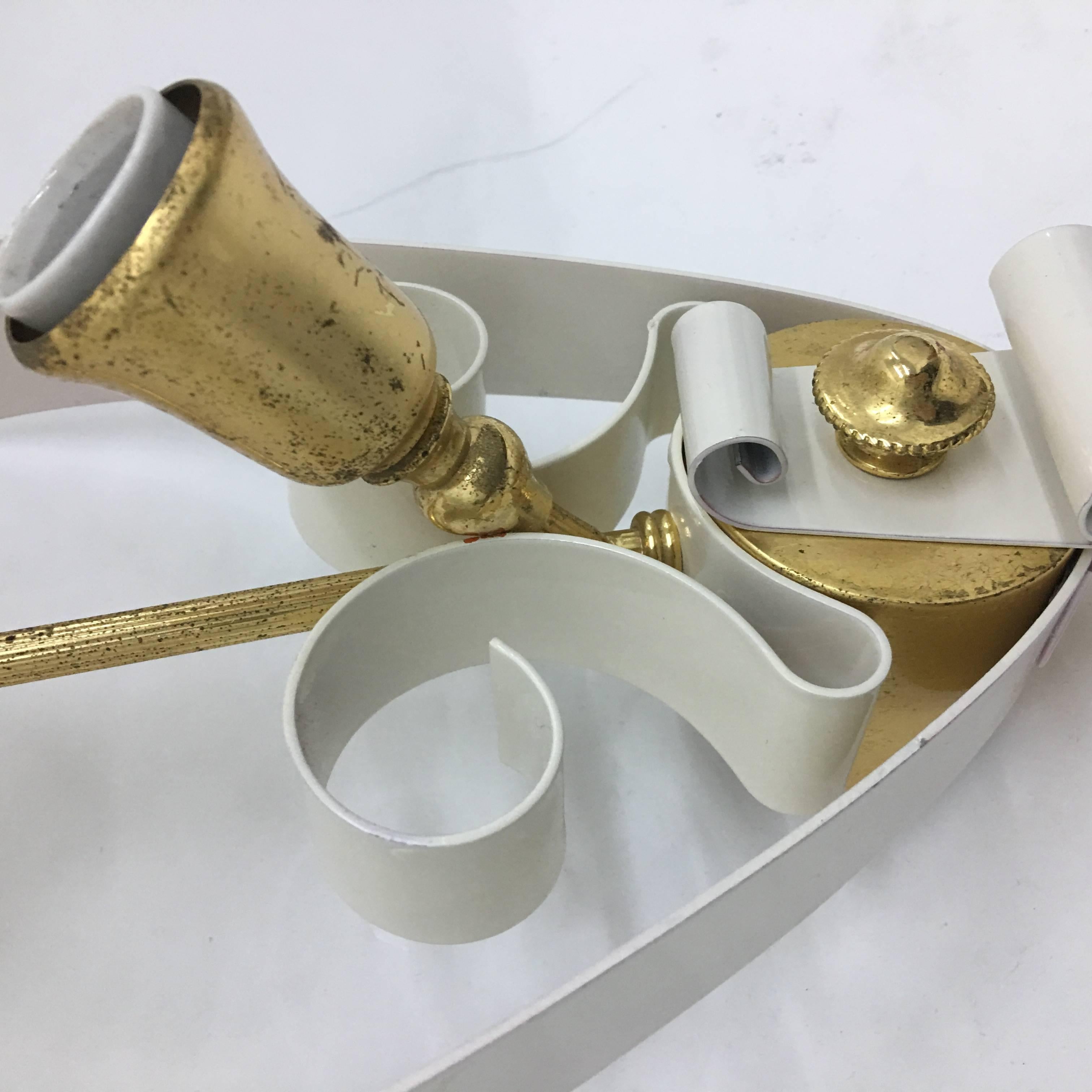 20th Century 1950s Two Mid-Century Modern Italian Brass and White Painted Metal Wall Sconces For Sale