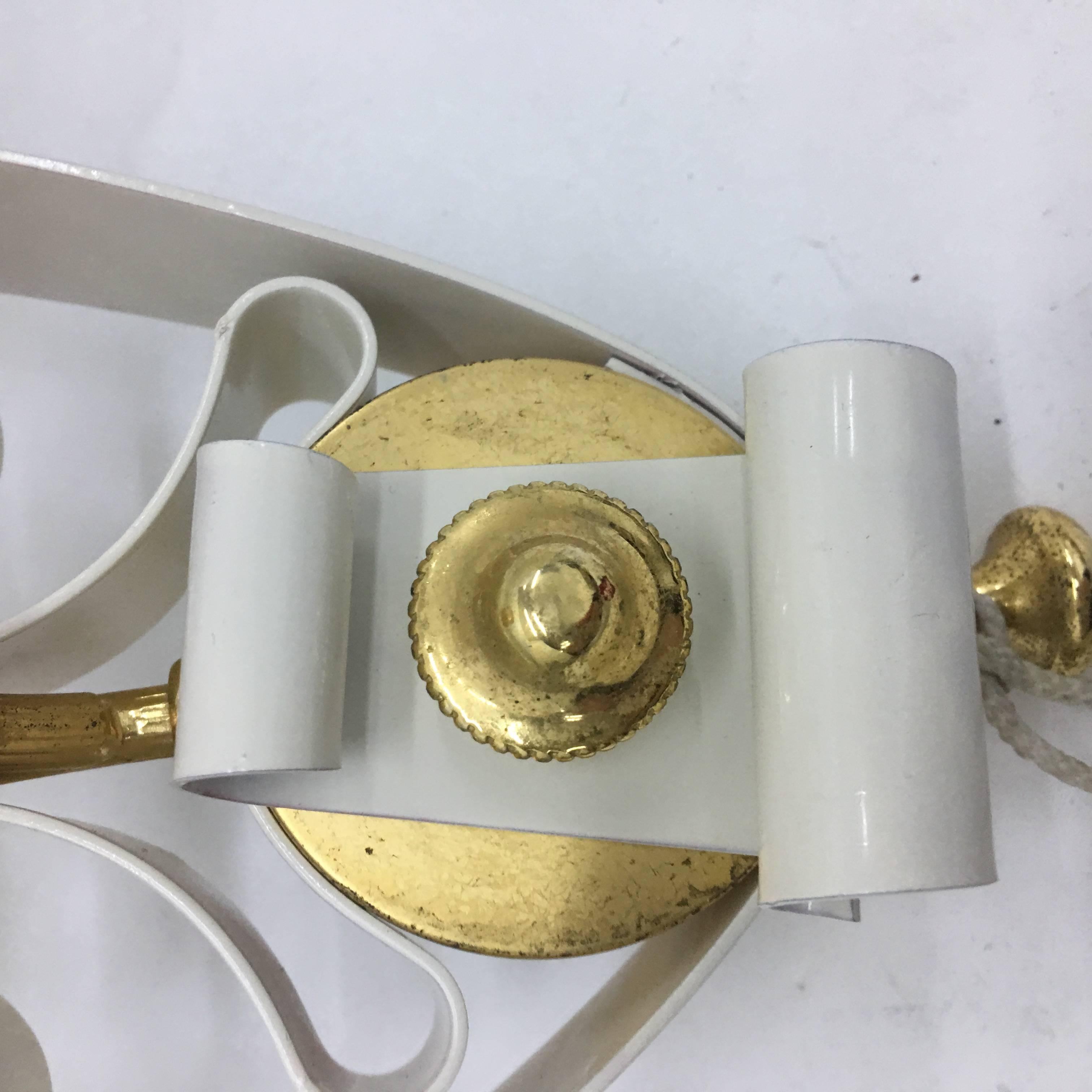 Iron 1950s Two Mid-Century Modern Italian Brass and White Painted Metal Wall Sconces For Sale