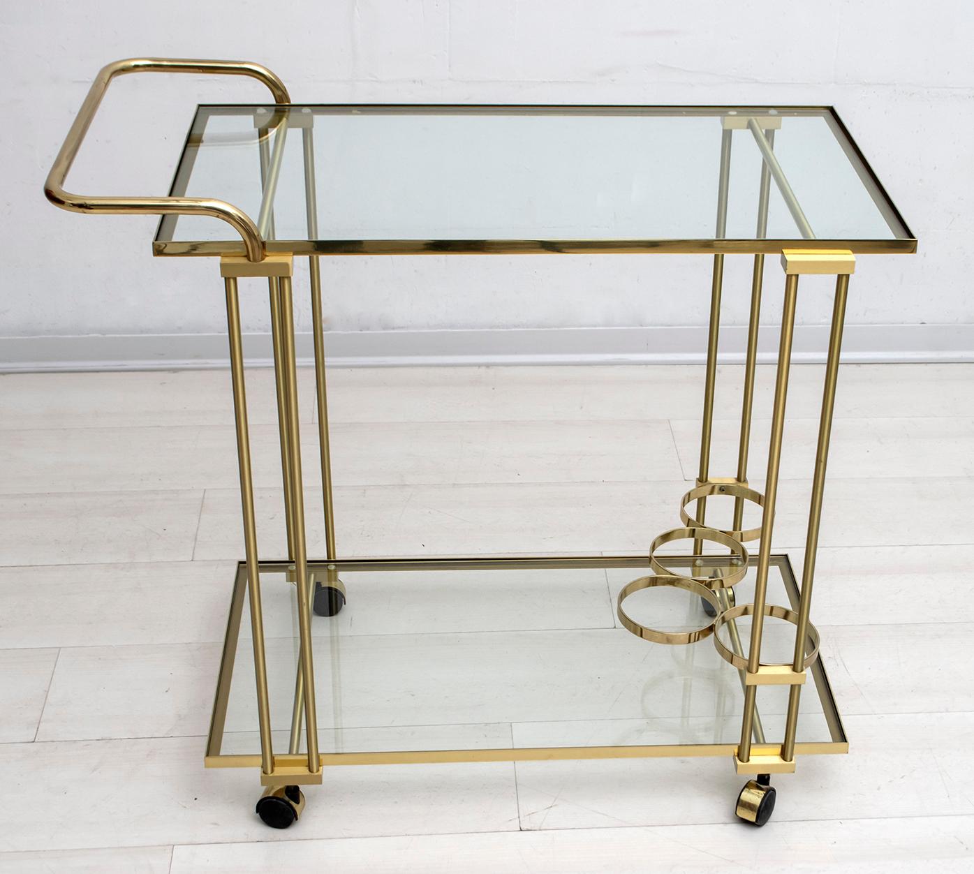 Late 20th Century Mid-Century Modern Italian Brass Bar Cart, 1970s For Sale
