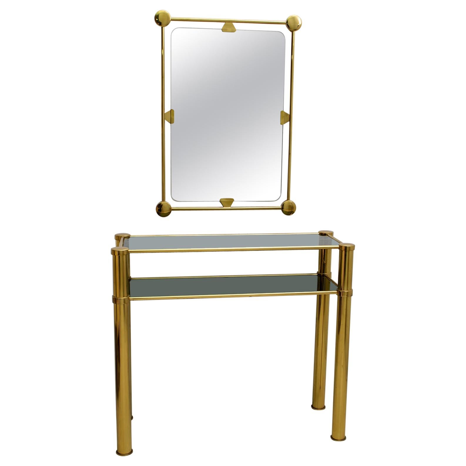 Mid-Century Modern Italian Brass Console with Coordinated Mirror, 1970s