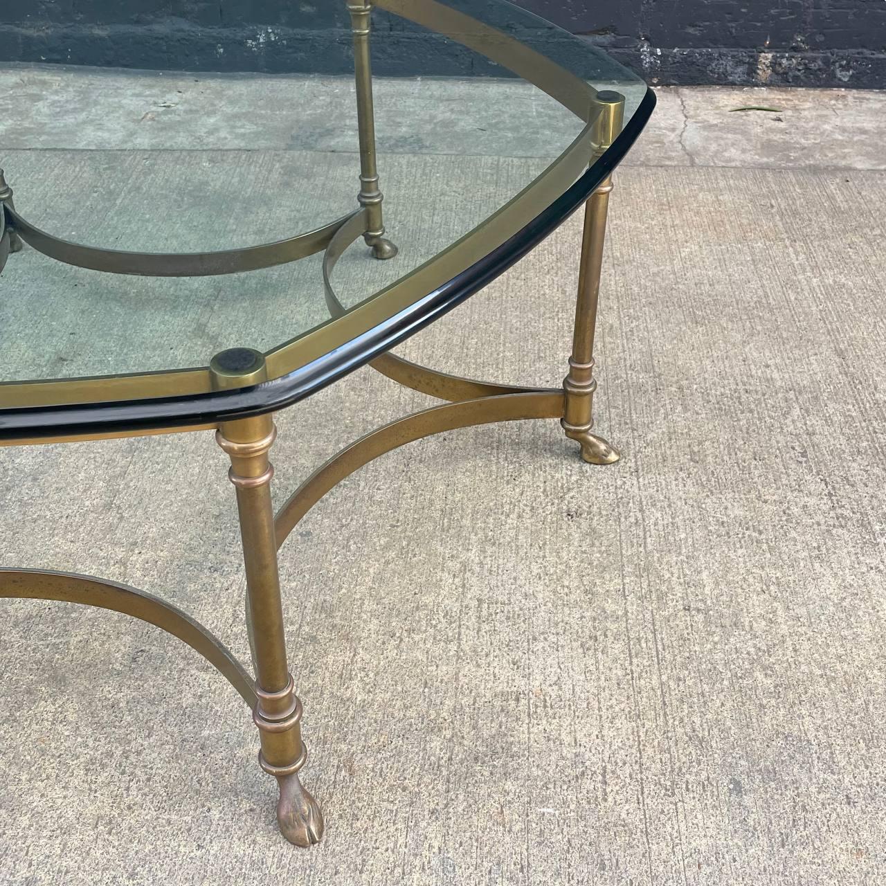 Hollywood Regency Mid-Century Modern Italian Brass & Glass Coffee Table with Hoof Feet For Sale