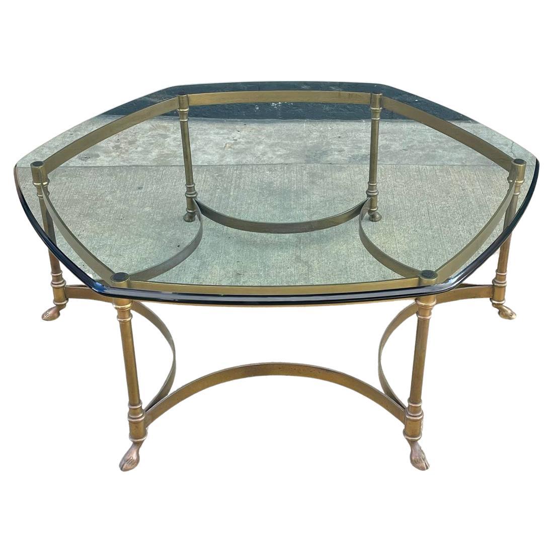 Mid-Century Modern Italian Brass & Glass Coffee Table with Hoof Feet For Sale