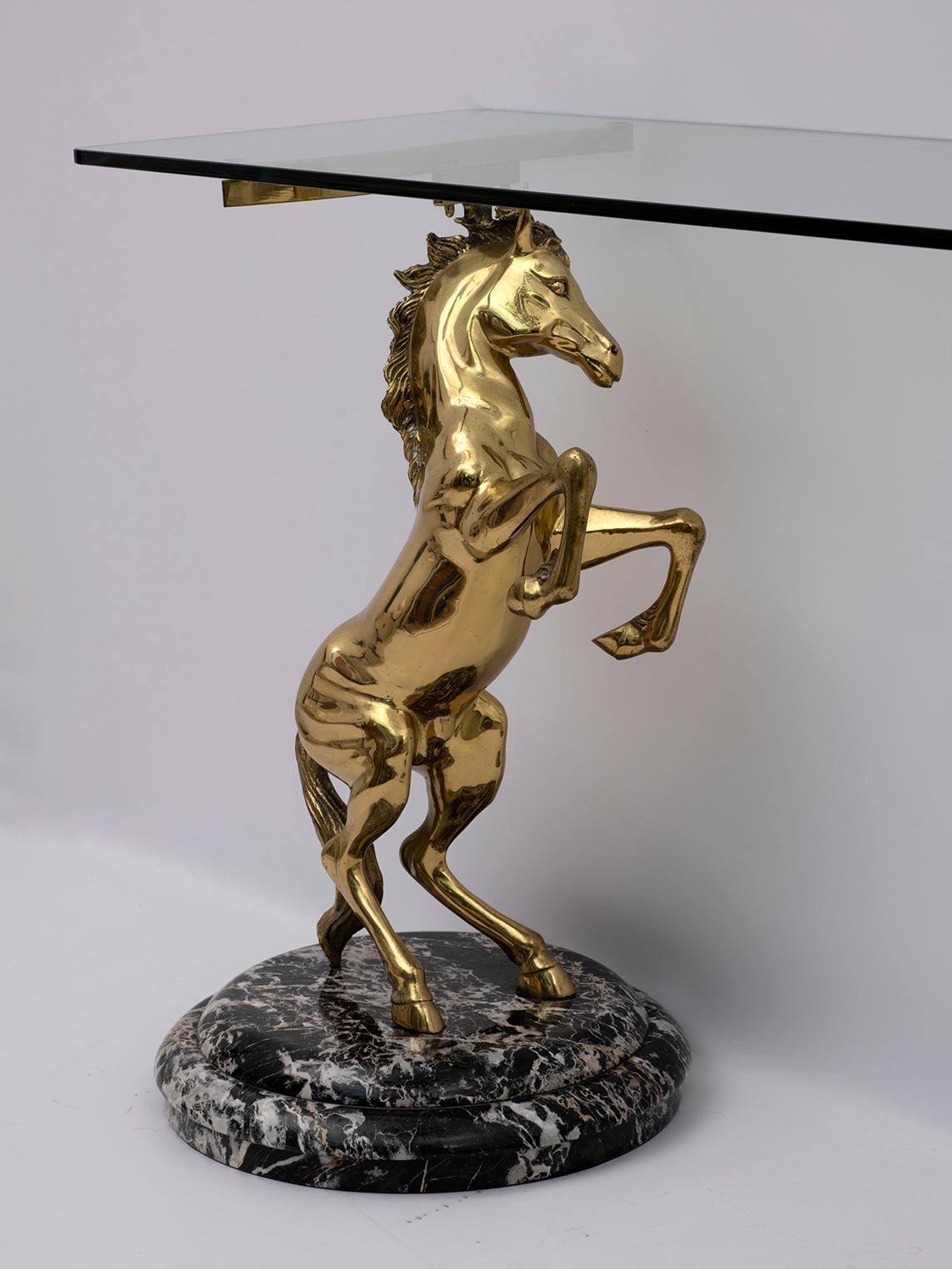 Mid-Century Modern Italian Brass Horses and Marble bases Console Table, 1970s For Sale 2