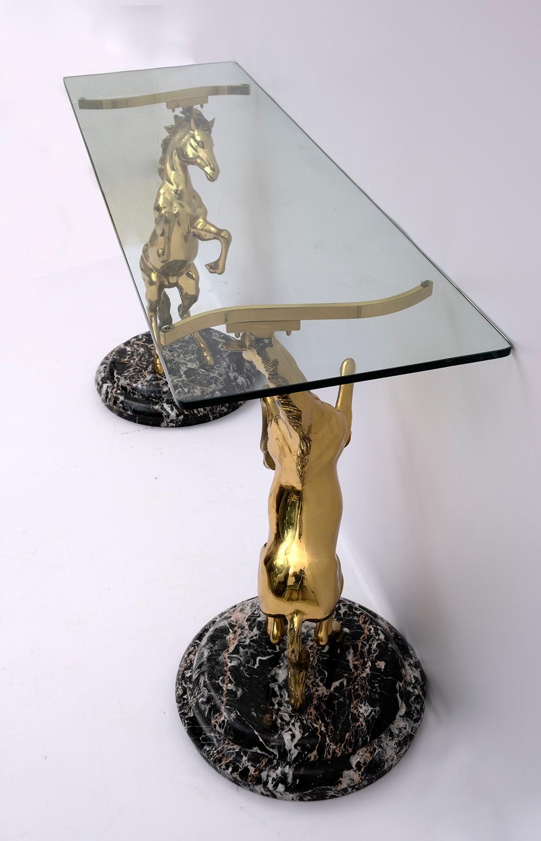 Mid-Century Modern Italian Brass Horses and Marble bases Console Table, 1970s For Sale 3