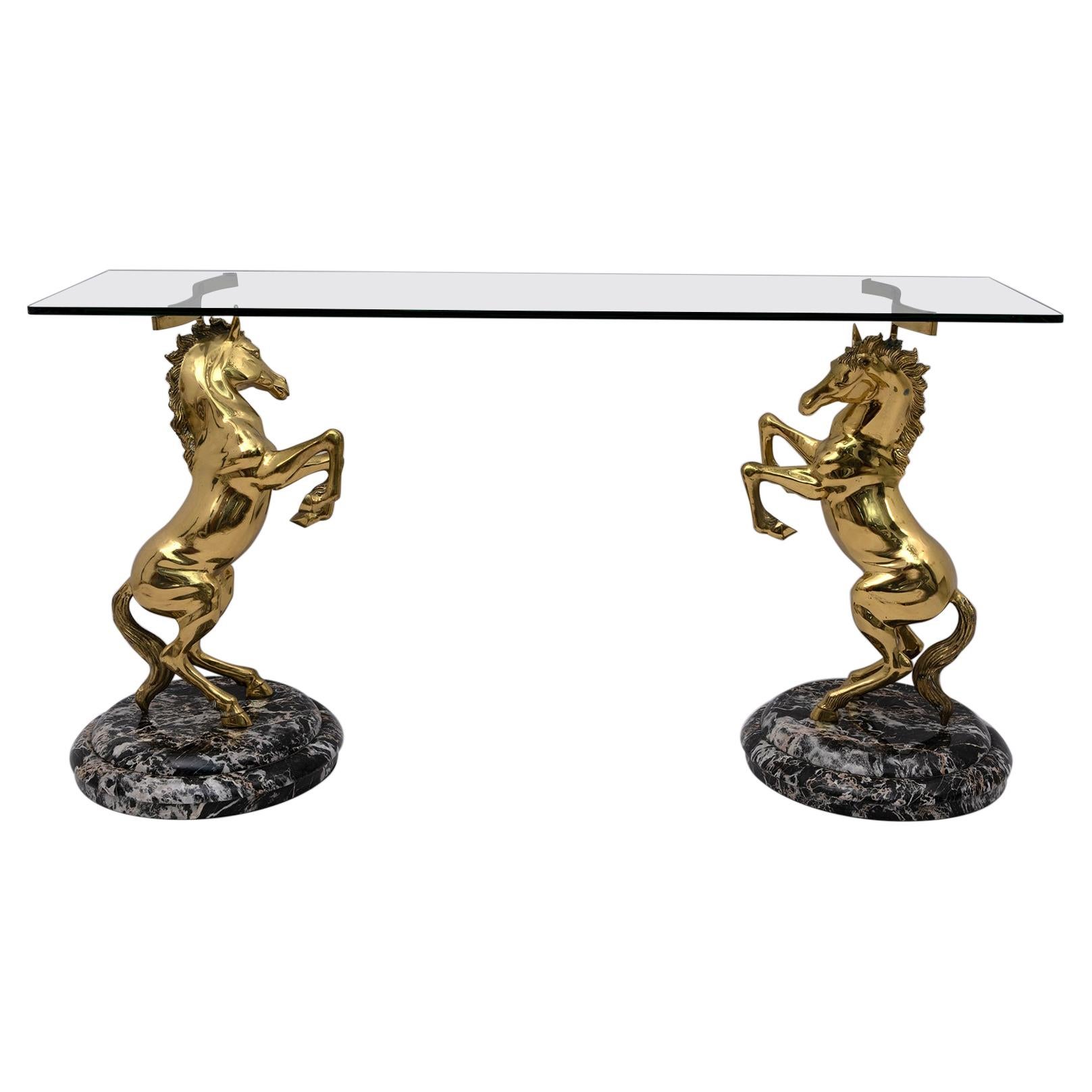 Mid-Century Modern Italian Brass Horses and Marble bases Console Table, 1970s For Sale