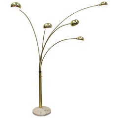 Vintage Mid-Century Modern Italian Brass and Marble Guzzini Style 3-Way Arc Floor Lamp