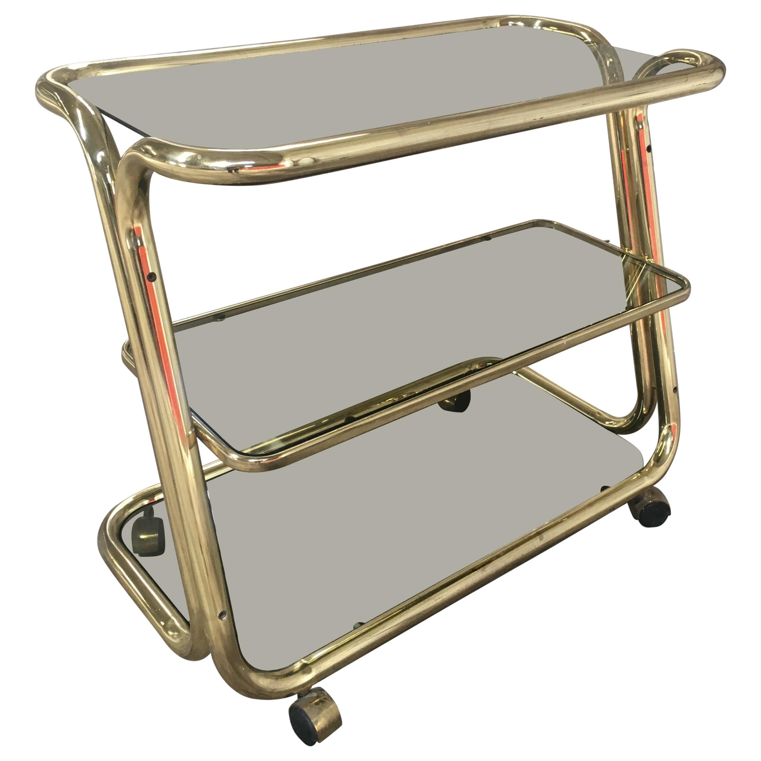 MidCentury Modern Italian Brass Metal Bar Cart with Smoked Glass