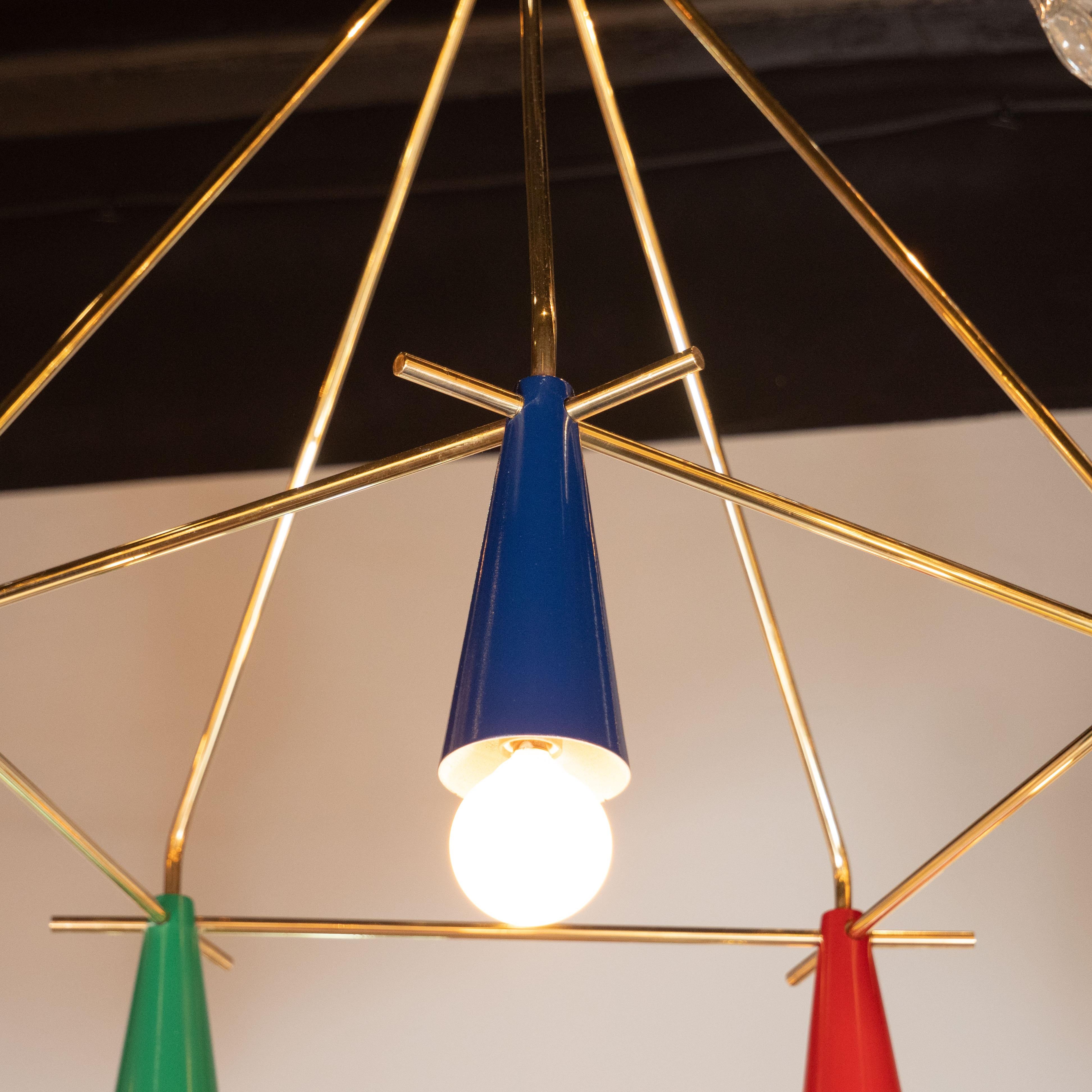 Mid-Century Modern Italian Brass and Polychrome Enamel Chandelier In Excellent Condition In New York, NY
