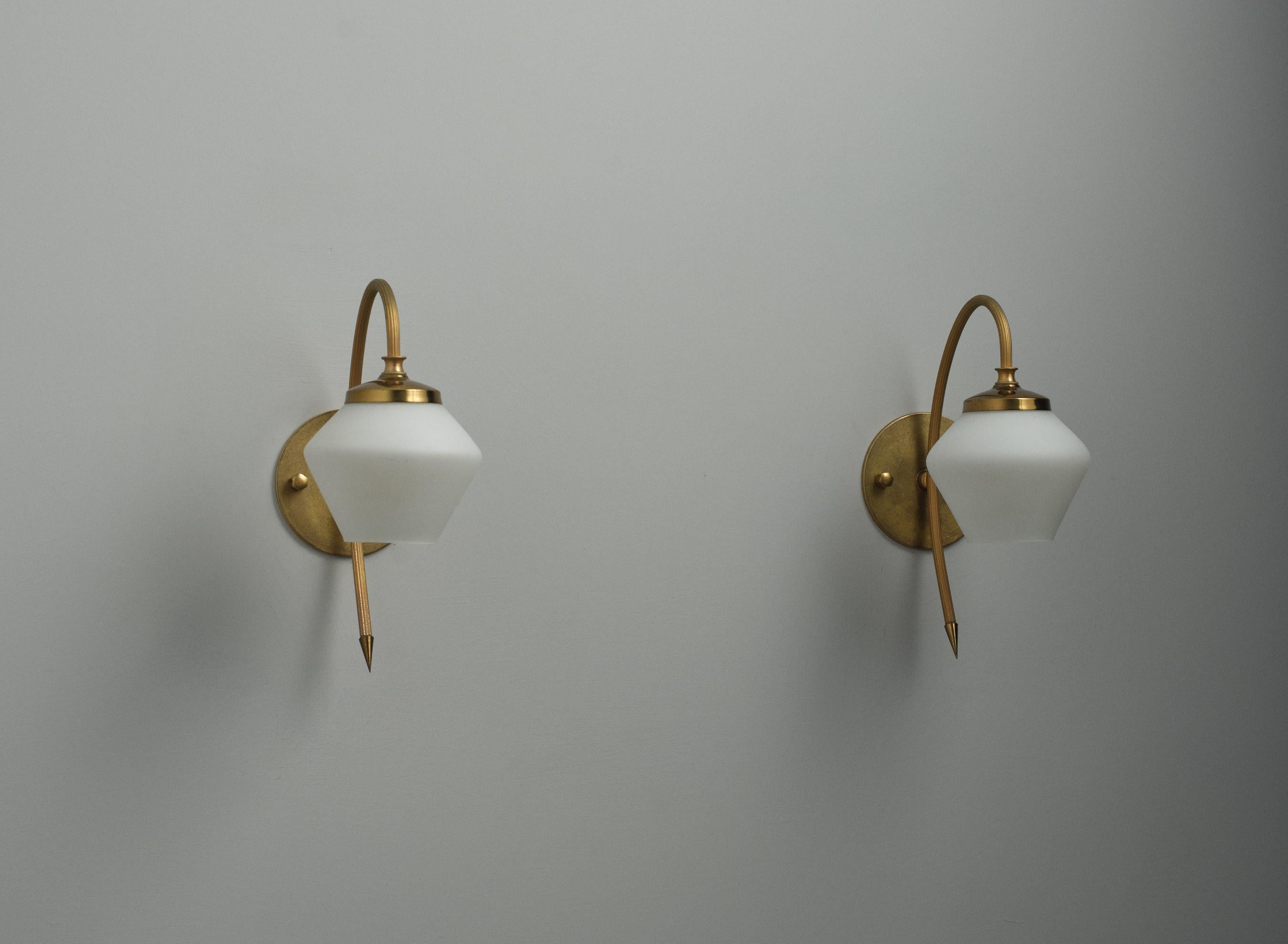 Mid-20th Century Mid-Century Modern Italian Brass Sconces with Opaline Glass Shades