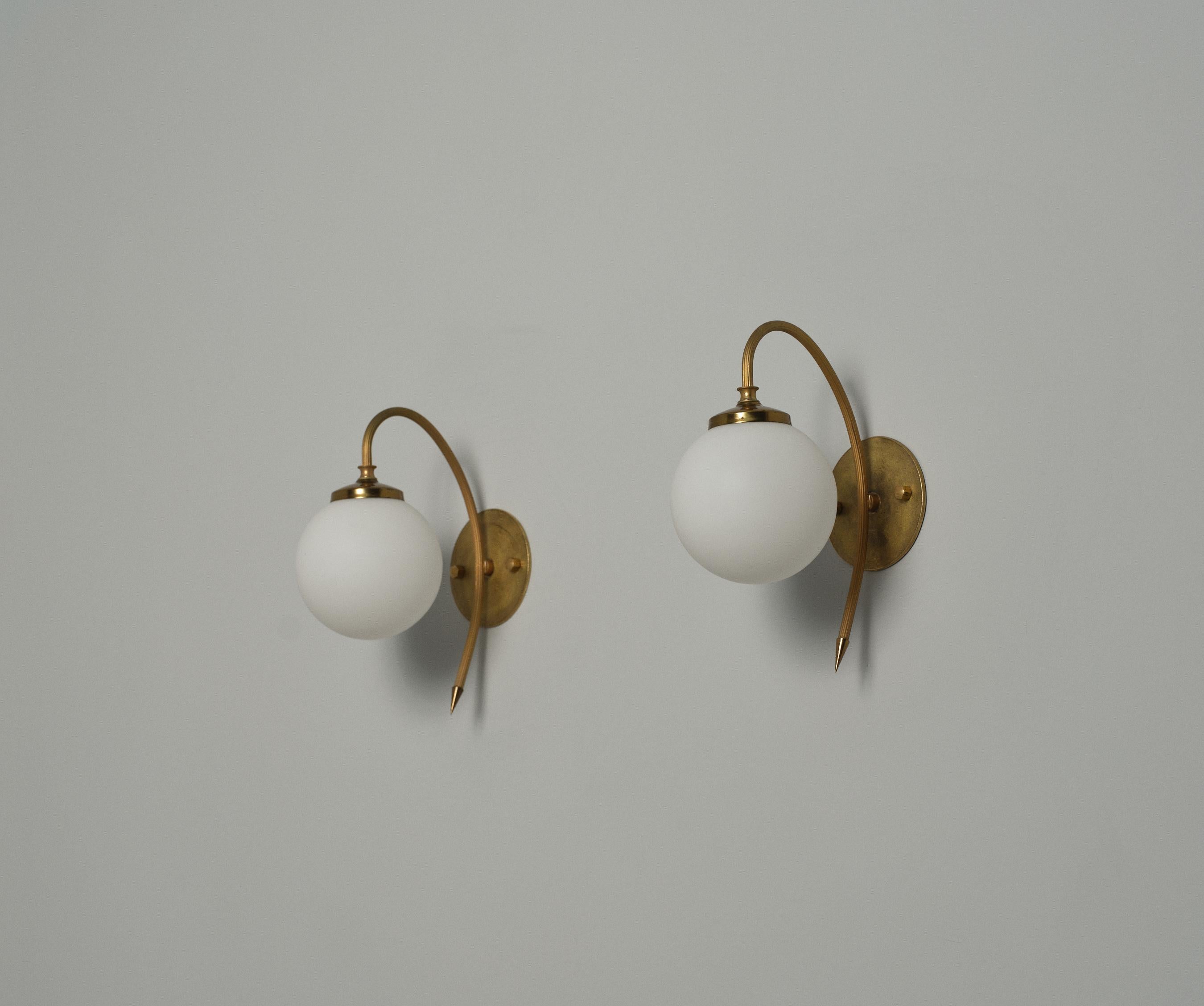 Mid-20th Century Mid-Century Modern Italian Brass Sconces with Opaline Glass Shades