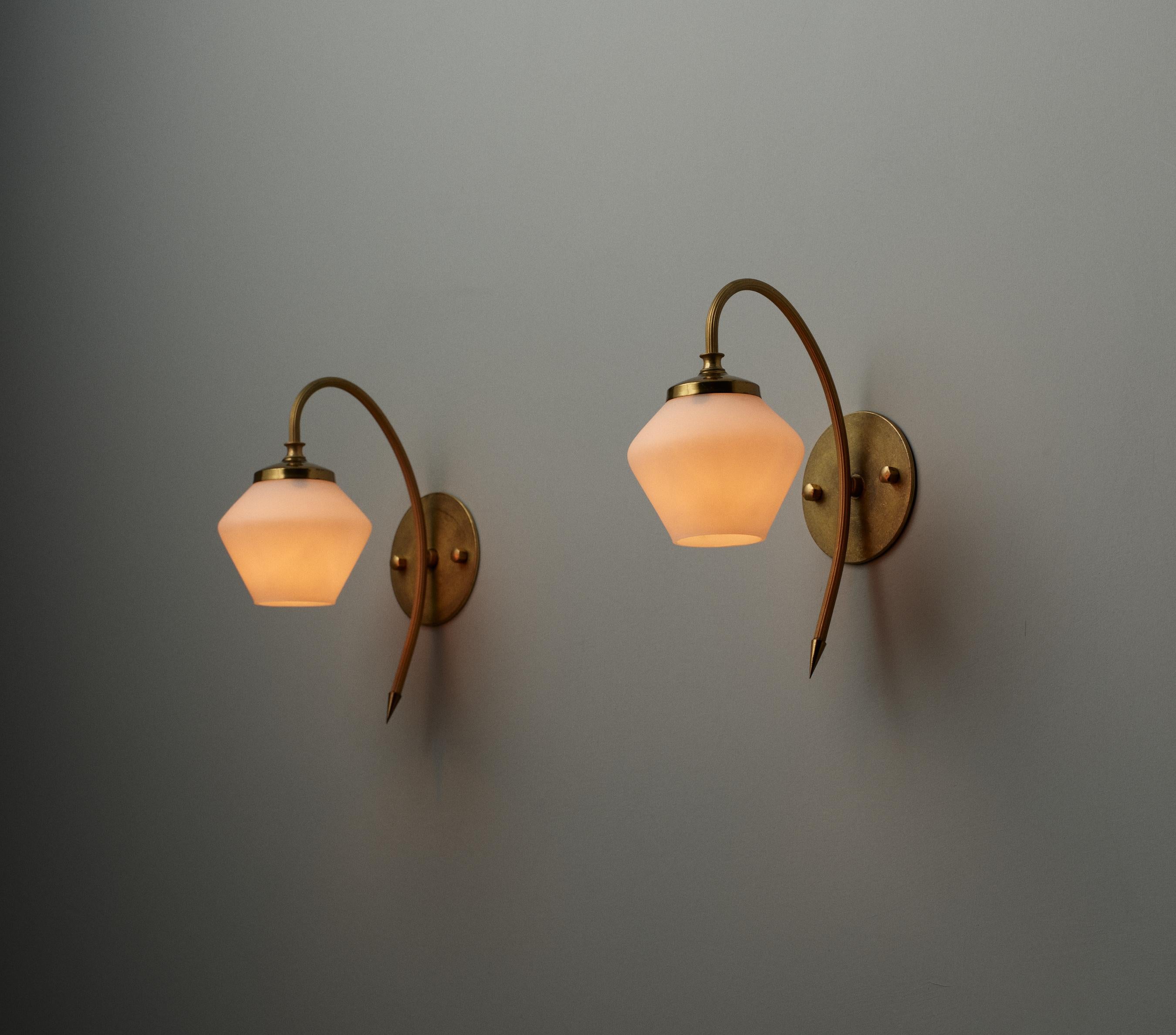 Mid-Century Modern Italian Brass Sconces with Opaline Glass Shades 1