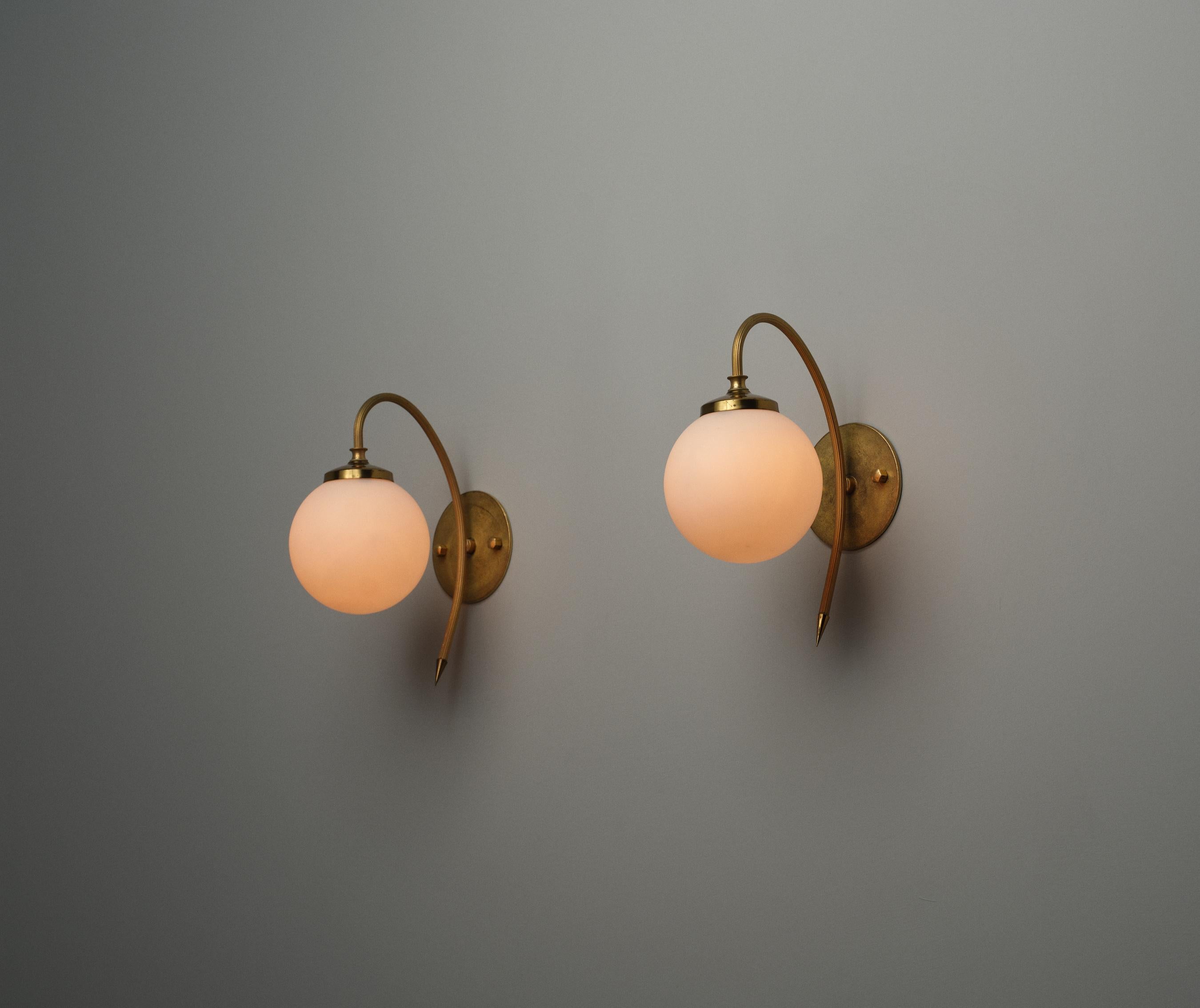 Mid-Century Modern Italian Brass Sconces with Opaline Glass Shades 1