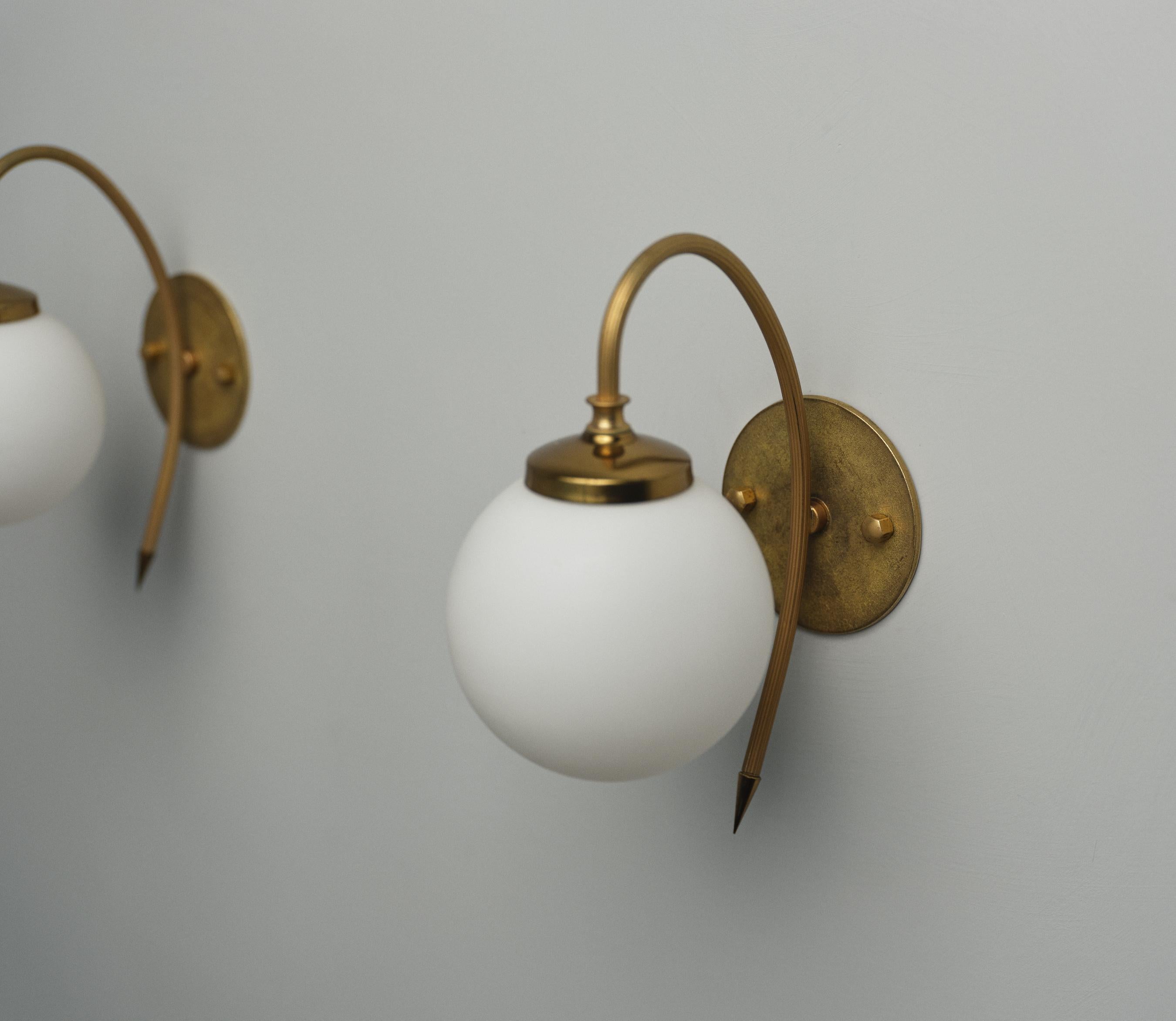Mid-Century Modern Italian Brass Sconces with Opaline Glass Shades 2
