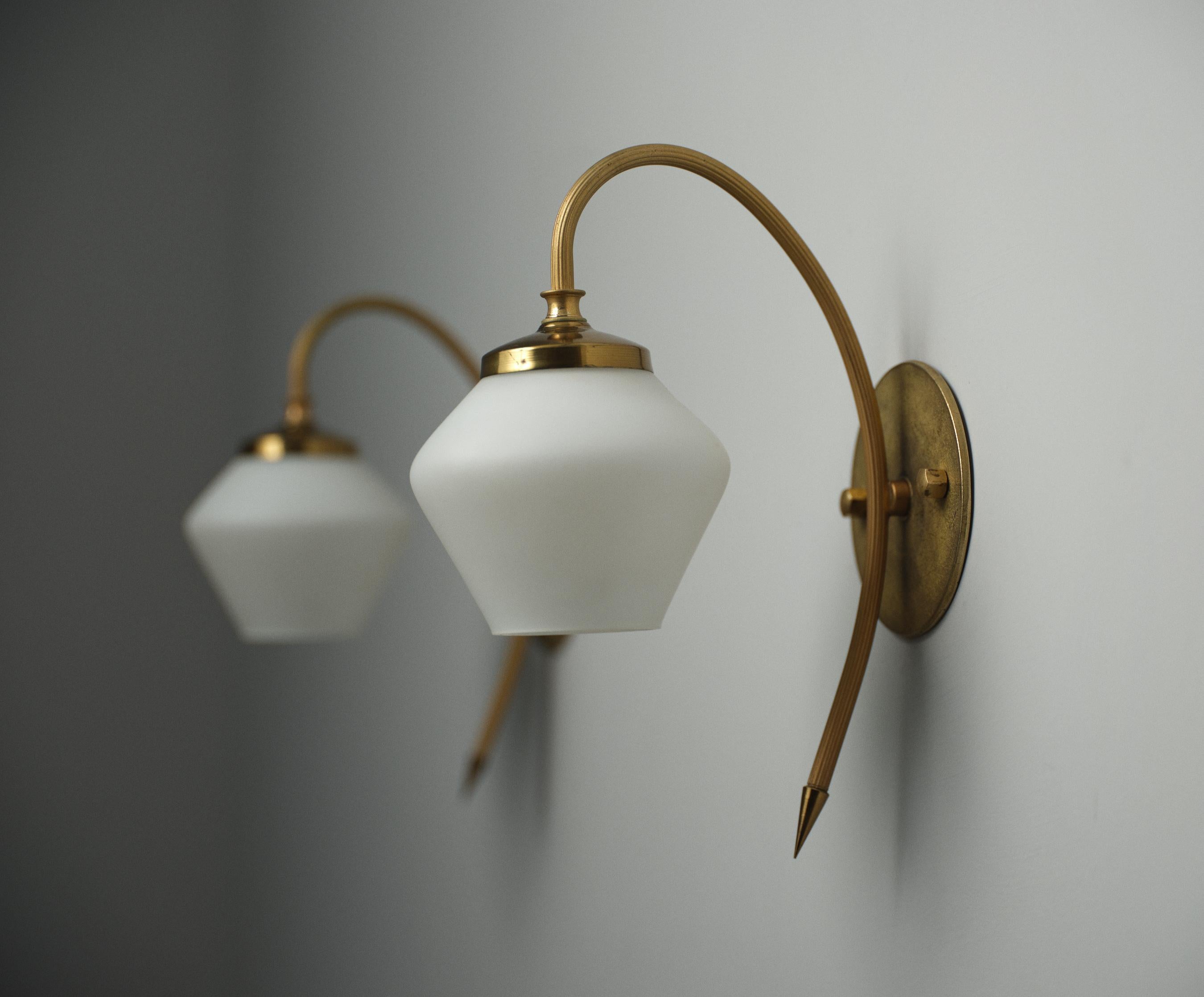 Mid-Century Modern Italian Brass Sconces with Opaline Glass Shades 3