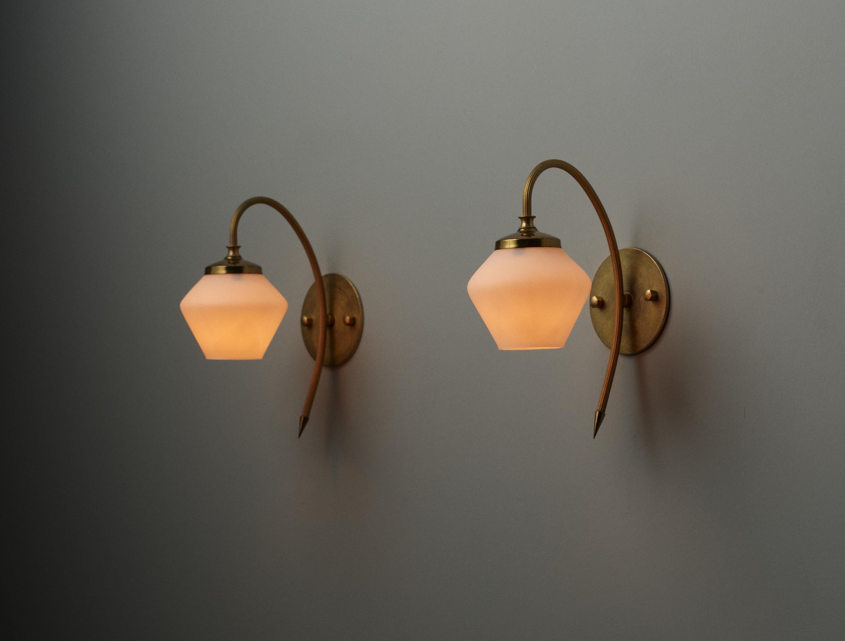 Mid-Century Modern Italian Brass Sconces with Opaline Glass Shades 5